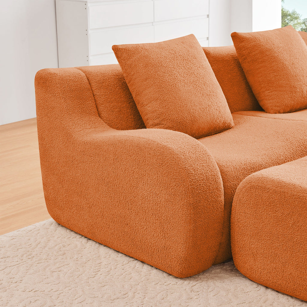 U-Shaped Boneless Sofa,Teddy Fabric No assembly required Curved armrest,Anti-slip Design,Streamlined Design 32D High Density Sponge,Full Compression Vacuum Packag,For Studies living Rooms,Orange