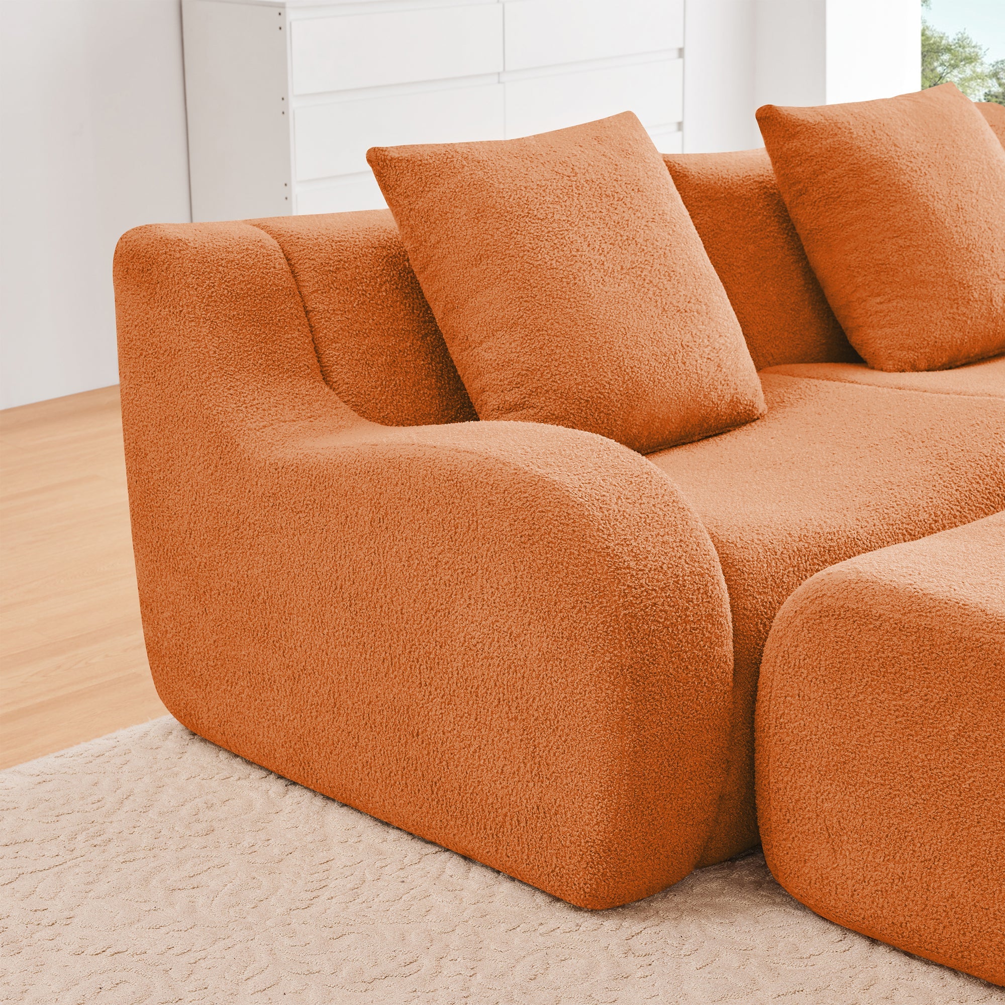 U-Shaped Boneless Sofa,Teddy Fabric No assembly required Curved armrest,Anti-slip Design,Streamlined Design 32D High Density Sponge,Full Compression Vacuum Packag,For Studies living Rooms,Orange