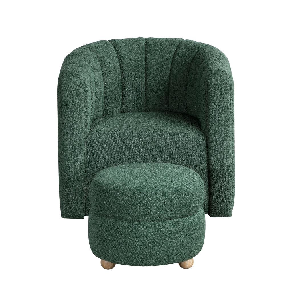 Modern Contemporary Swivel Chair with Ottoman Green Boucle Fabric Upholstery Solid Wood Living Room Furniture
