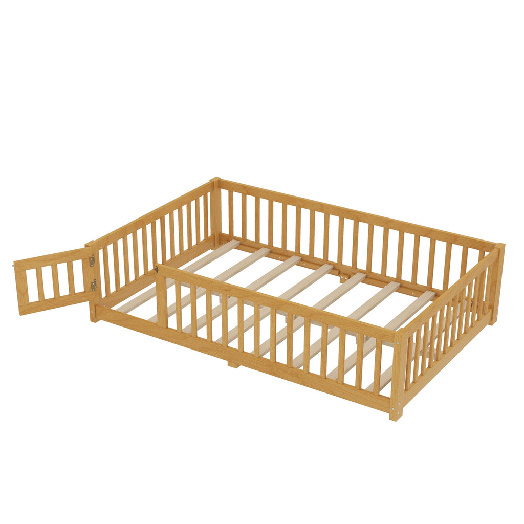 Full Size Bed Floor Bed with Safety Guardrails and Door for Kids, Natural(Old SKU:  W1580P154627)