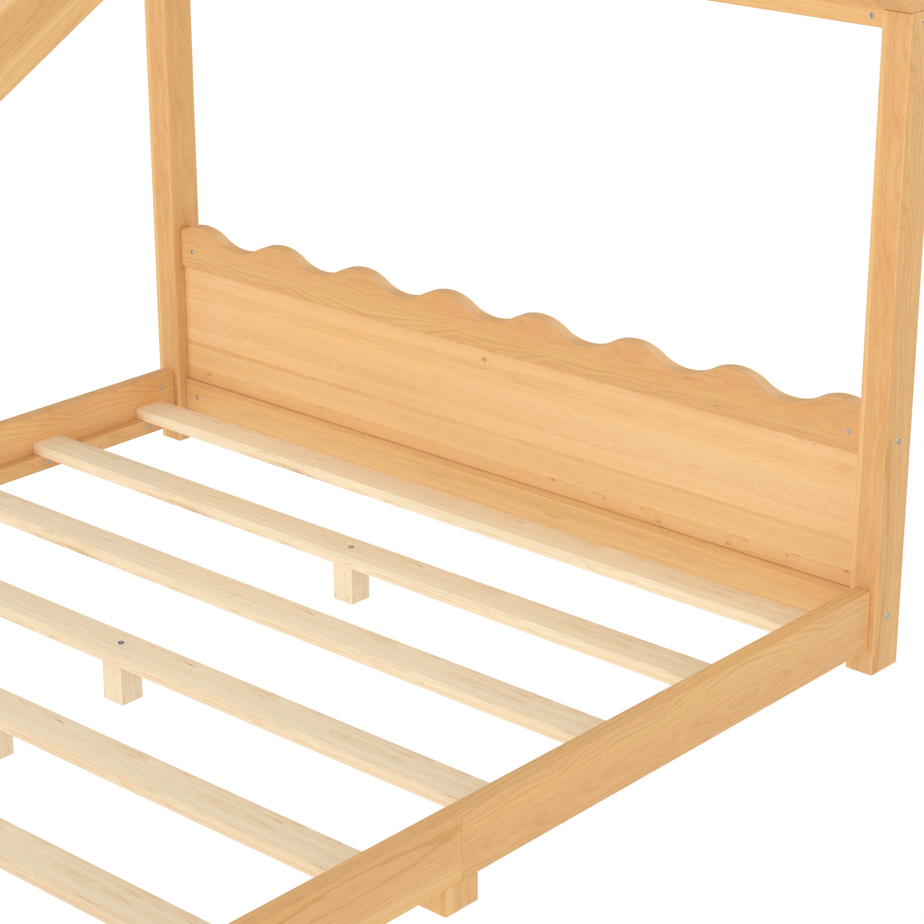 Queen House Floor Bed with Support Slats, Solid Wood House Bed Frame for Kids, No Box Spring Needed and Opening Constructure, Natural