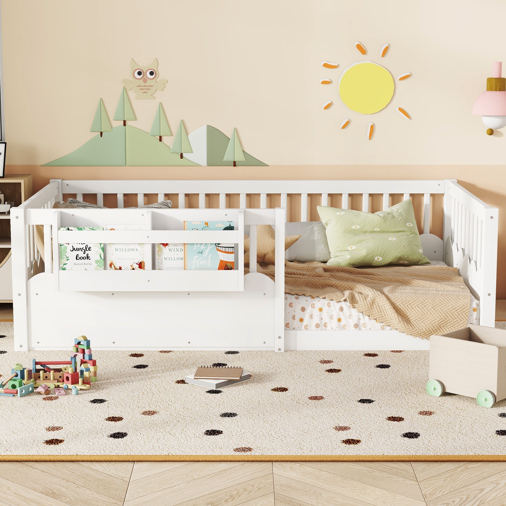 Twin Floor bed with Heightened Fence and bookshelf ,Wood Floor Bed for Kids, White.
