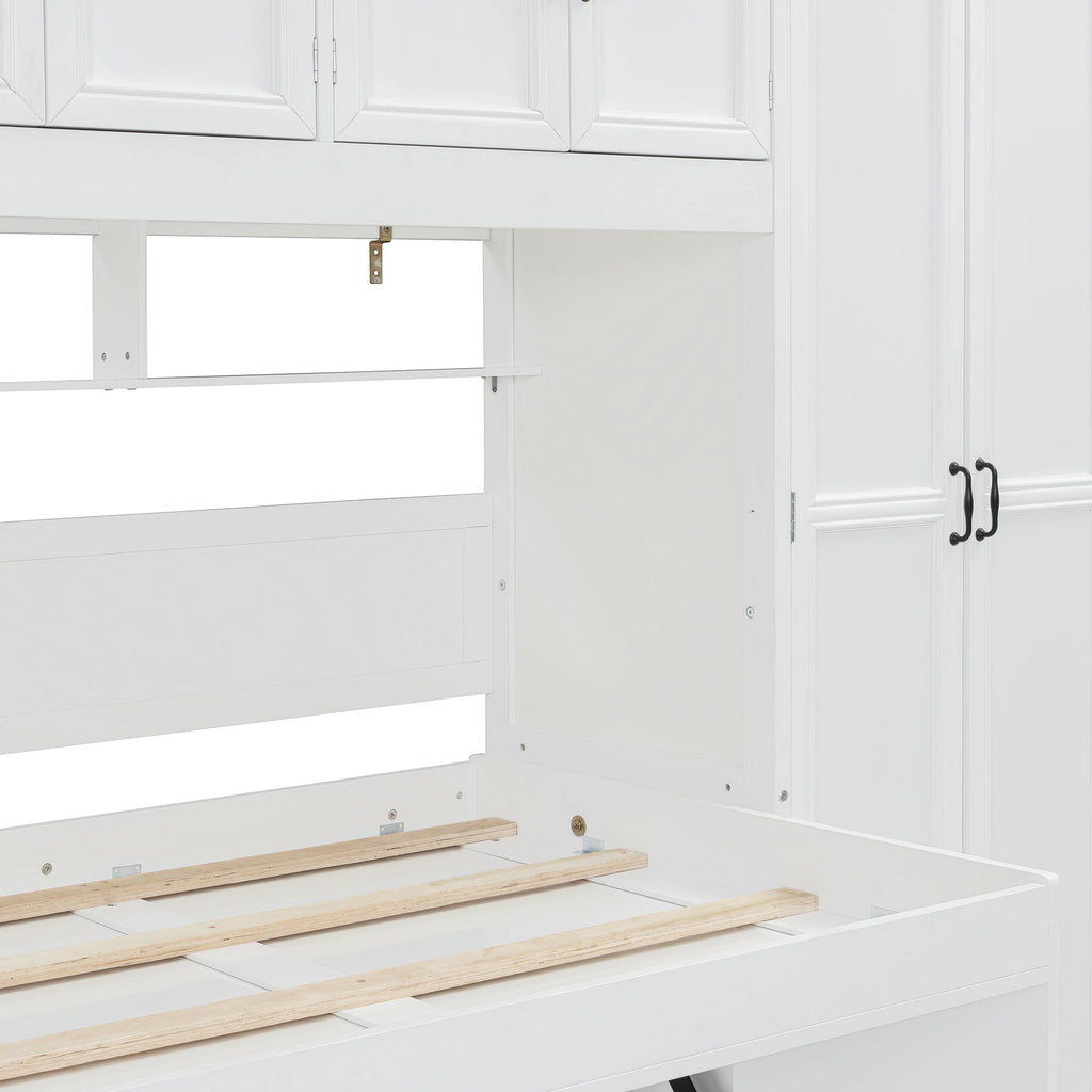 Twin Size Murphy Bed Wall Bed with Wardrobe, Cabinet and Desk, White