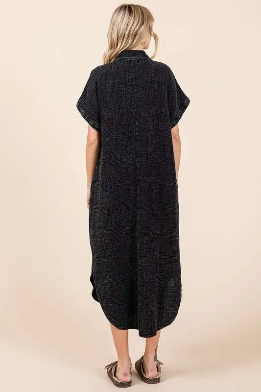 Mittoshop Mineral Wash V Neck Button Up Midi Shirt Dress