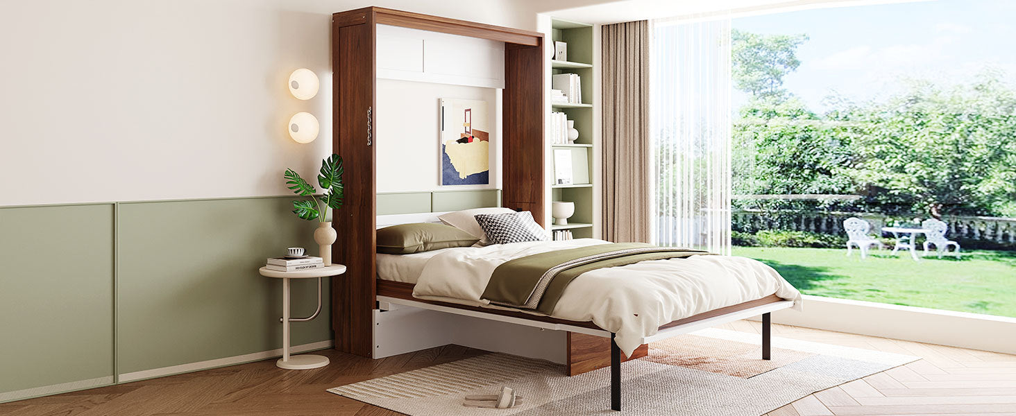 Full Size Murphy Bed with Foldable Desk – Space Saving Wall Bed - Walnut & White