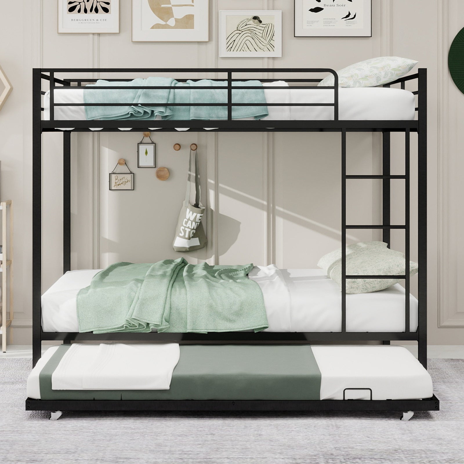 Durable Square Tube Iron Bunk Bed Featuring Safety Rails, Modern Minimalist Look, Ideal for Kids Room, Guest Room or Shared Space, Easy Assembly & Long - Lasting Performance,Full size: 137cm × 190cm