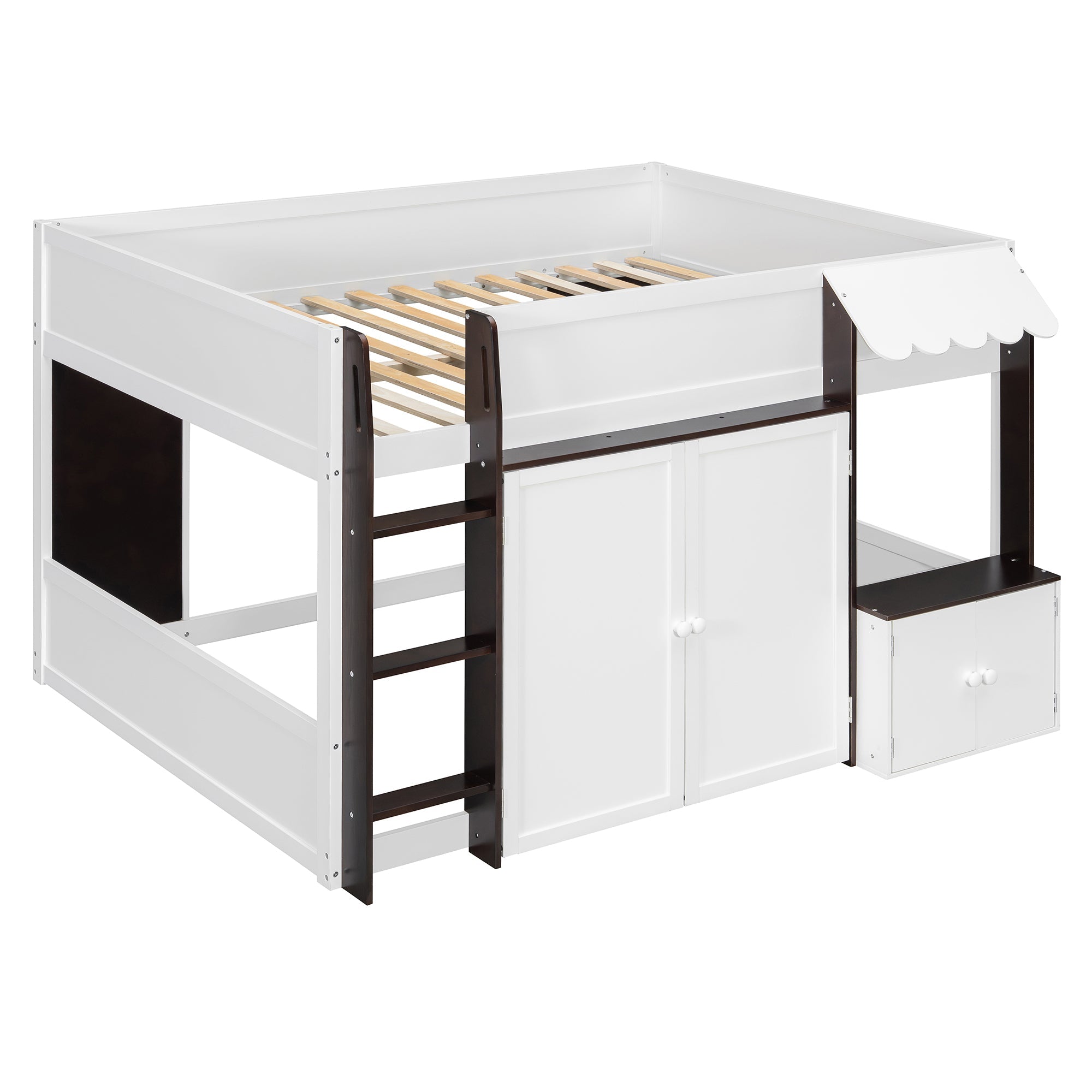 Full Loft House Bed with Playhouse & Storage, Modern Wood Cabin Bed for Kids/Teens, White+Espresso