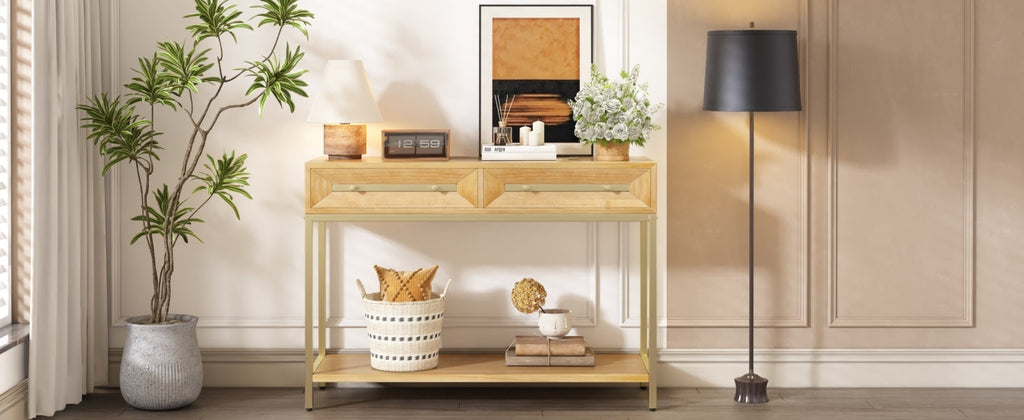 TREXM Entryway Table, Console Table with Two Drawers, Retro Hallway Table with Striking Geometric Design for Entryway and Living Room (Natural)