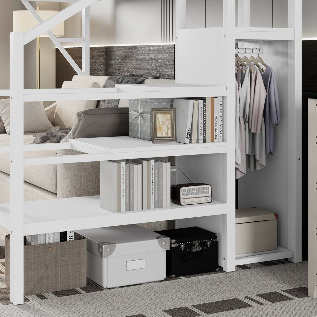 Twin XL Size Loft Bed with Stairs, Metal Full Loft Bed with Storage Shelves, High Loft Bed with Wardrobe for Kids Teens,White(Expect Arrival Date 2025/10/14)