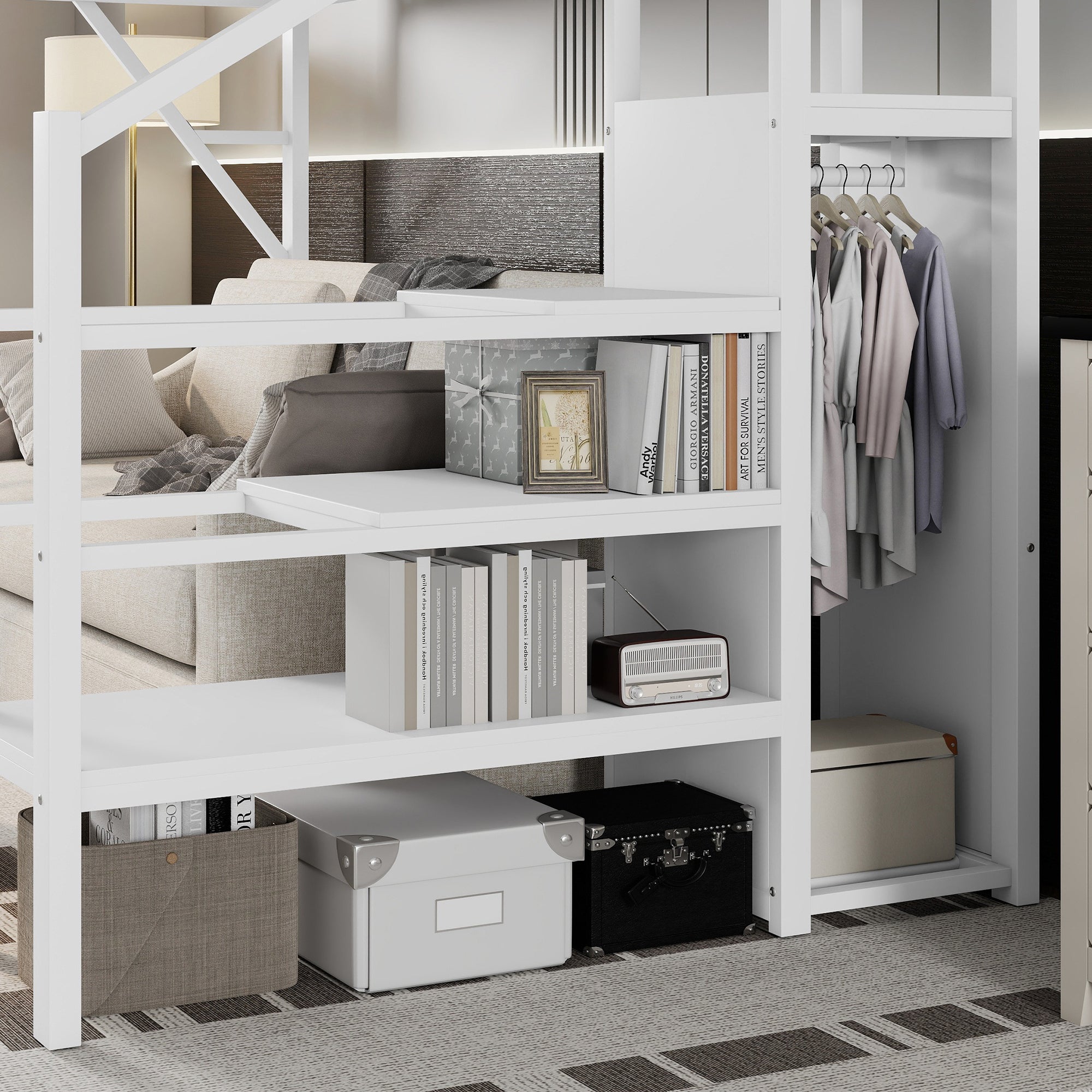 Twin XL Size Loft Bed with Stairs, Metal Full Loft Bed with Storage Shelves, High Loft Bed with Wardrobe for Kids Teens,White(Expect Arrival Date 2025/10/14)