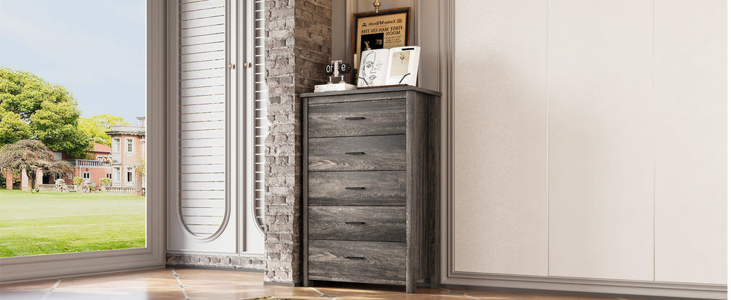 4PCS Bedroom Sets, Wooden Queen Size Bed Frame with Storage Headboard and Charging Station, 2 Nightstands with 2 Drawers, 1 Dresser with 5 Drawers, Antique Gray