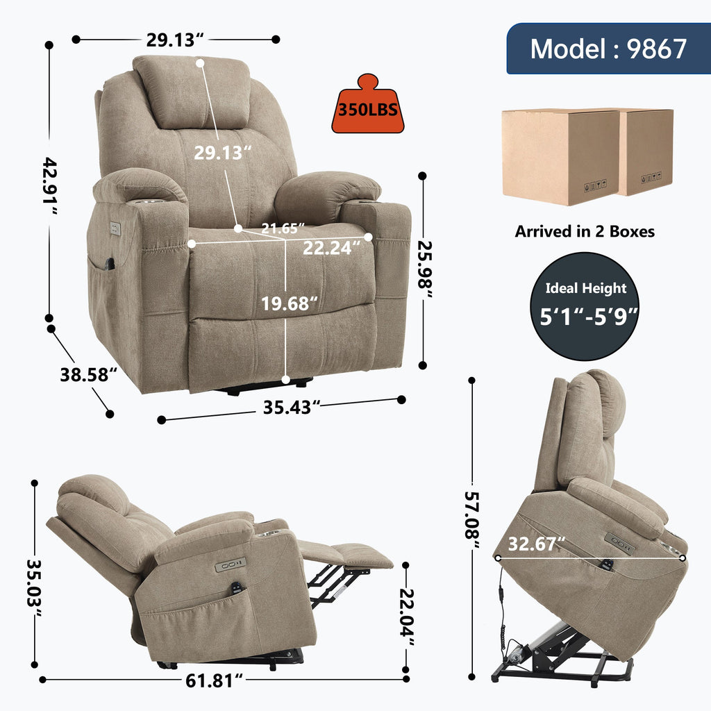 Up to 350 LBS polyester Power Lift Recliner Chair, Heavy Duty Motion Mechanism with 8-Point Vibration Massage and Lumbar Heating, USB and Type-C Ports, Stainless Steel Cup Holders, Khaki