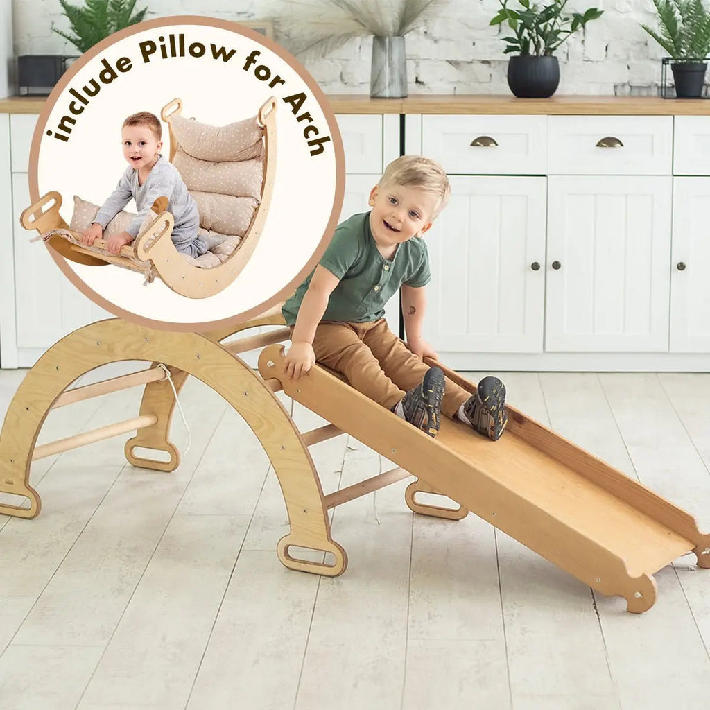 3in1 Montessori Climbing Set: Climbing Arch + Slide Board + Cushion – Chocolate