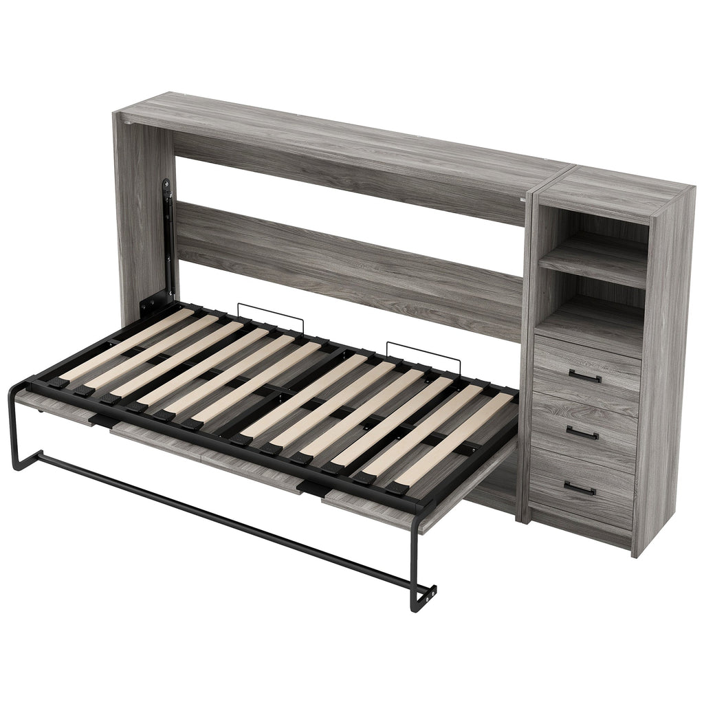 Twin Size Murphy Bed with Drawers and LED Light, can be Folded into a Cabinet, Gray