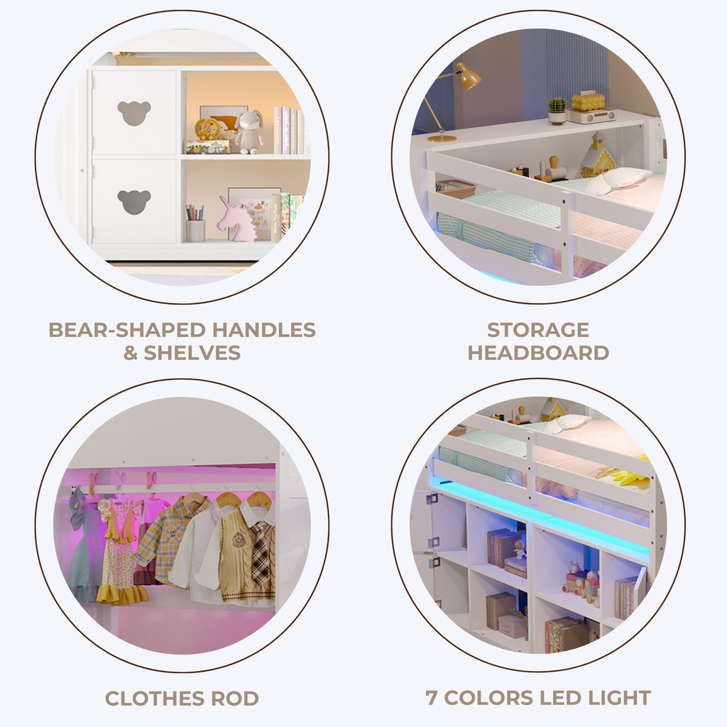 Kids Twin Loft Bed with Storage Cabinets, Staircase Drawers & LED Lights – Solid Wood Low Loft Bed with Shelves, Guardrails, and Fun Bear Handles – Space-Saving Design for Boys & Girls Bedroom (White)