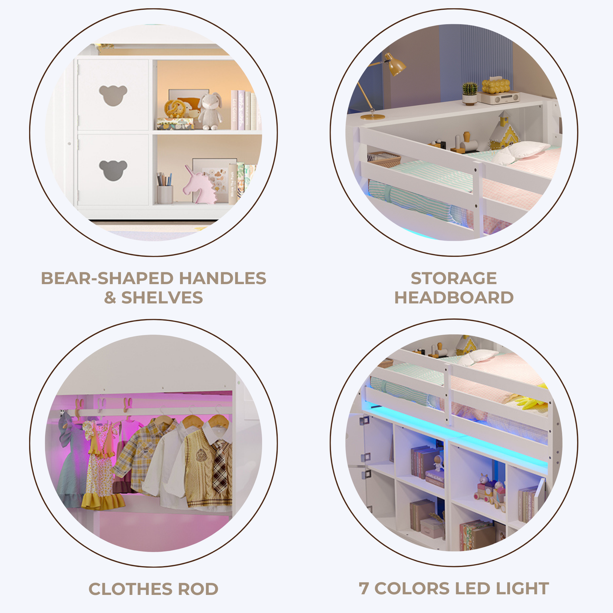 Kids Twin Loft Bed with Storage Cabinets, Staircase Drawers & LED Lights – Solid Wood Low Loft Bed with Shelves, Guardrails, and Fun Bear Handles – Space-Saving Design for Boys & Girls Bedroom (White)