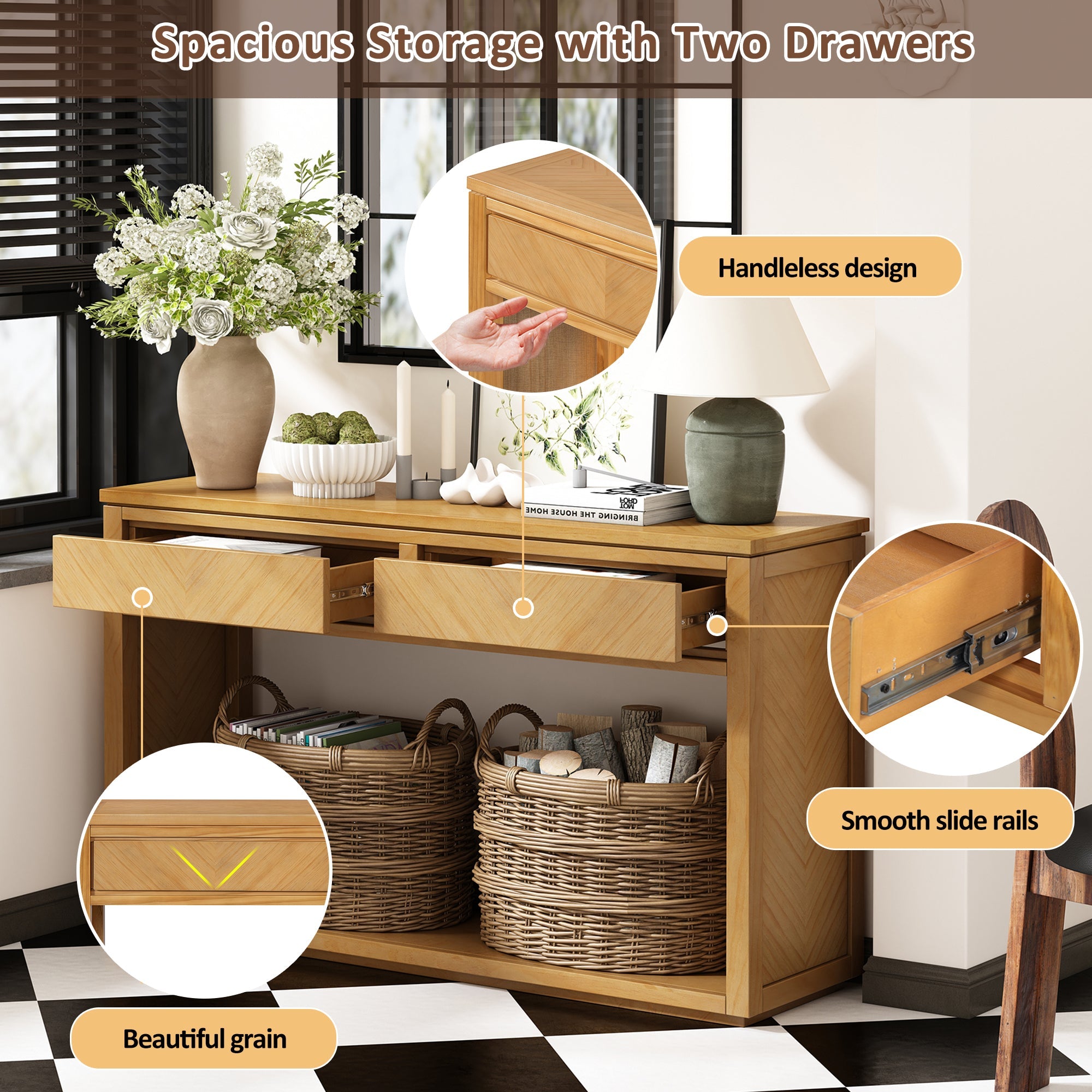 TREXM 55' Console Table, Rustic Wooden Entryway Table with Storage Drawers and Open Shelf, Elegant Sofa Table for Hallway and Living Room (Natural)