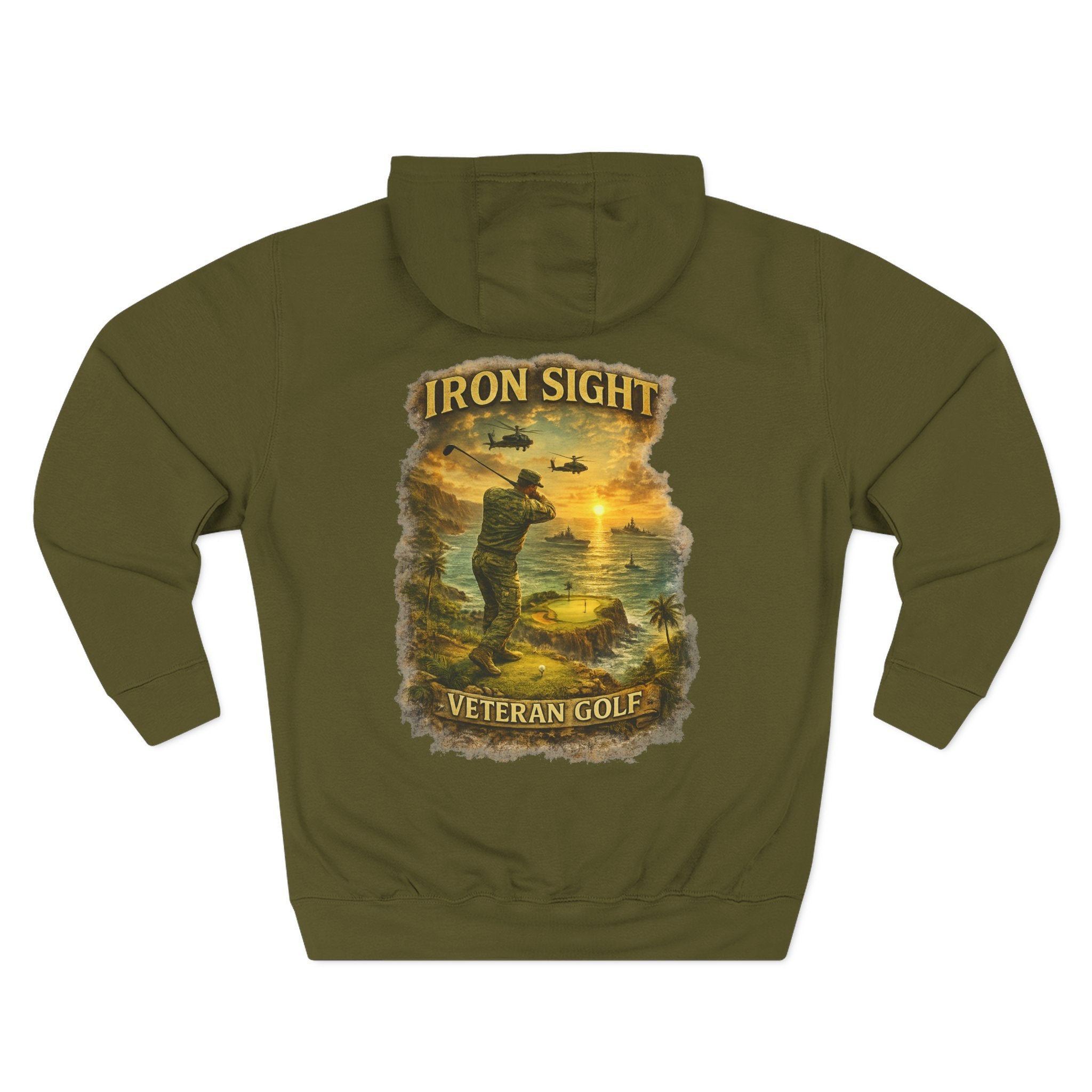 Veteran Golf Hoodie — "Cliff Shot" Military Veteran Golfing Design with Ships & Helicopters