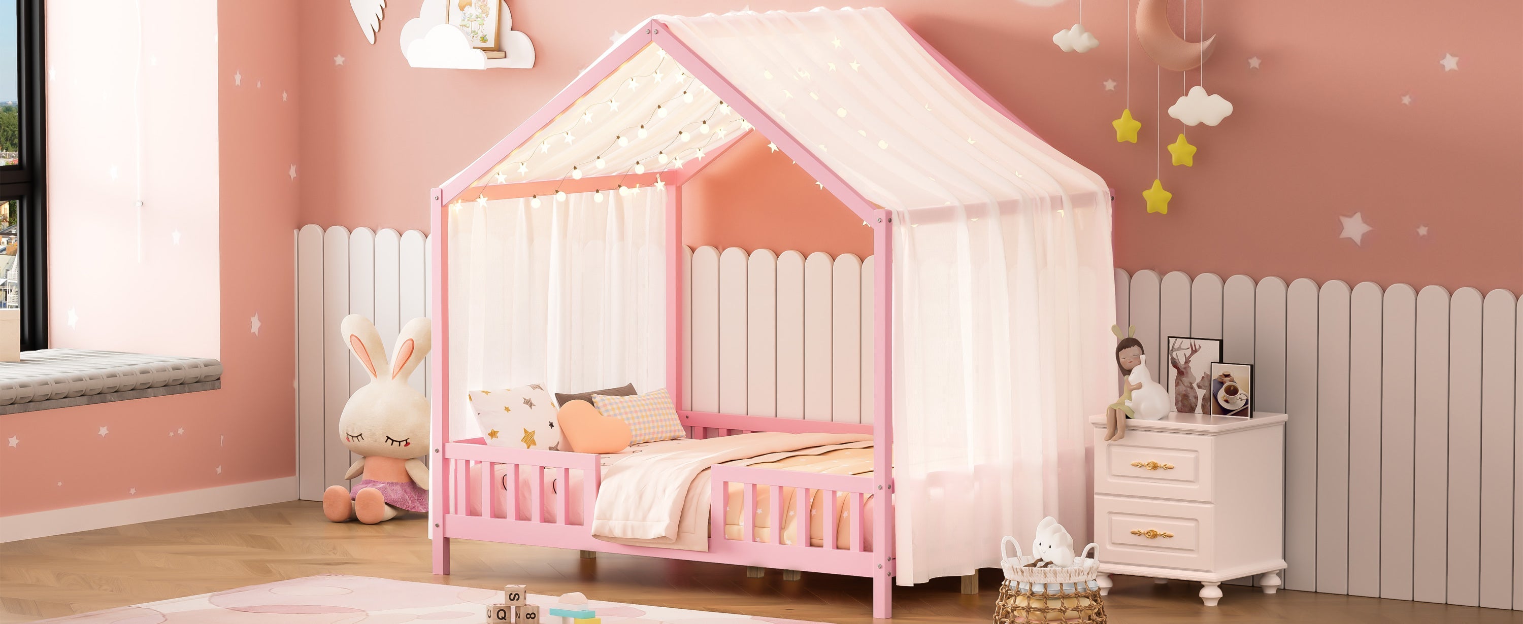 Montessori Floor Bed with Canopy, Full Bed Frame for Kids, House Shape Kids Bed Frame with High Railings, Wood Kids Bed with Roof, Kid Full Bed, Pink