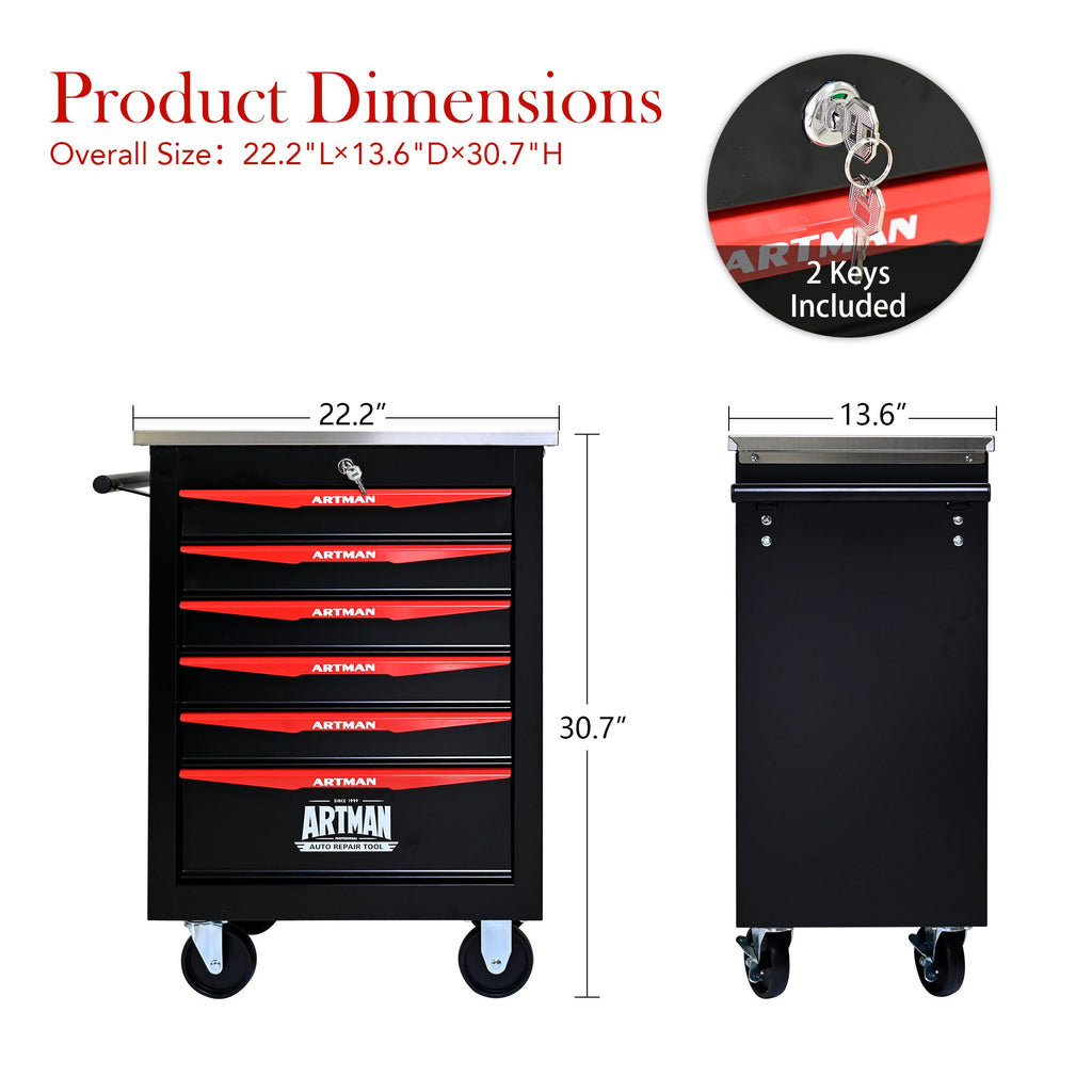 6-Drawer Multifunctional Tool Cart with Wheels, Metal Rolling Tool Cart Storage for Garage Workshop Warehouse Repair Shop - with Stainless Steel Roof - Black & Red