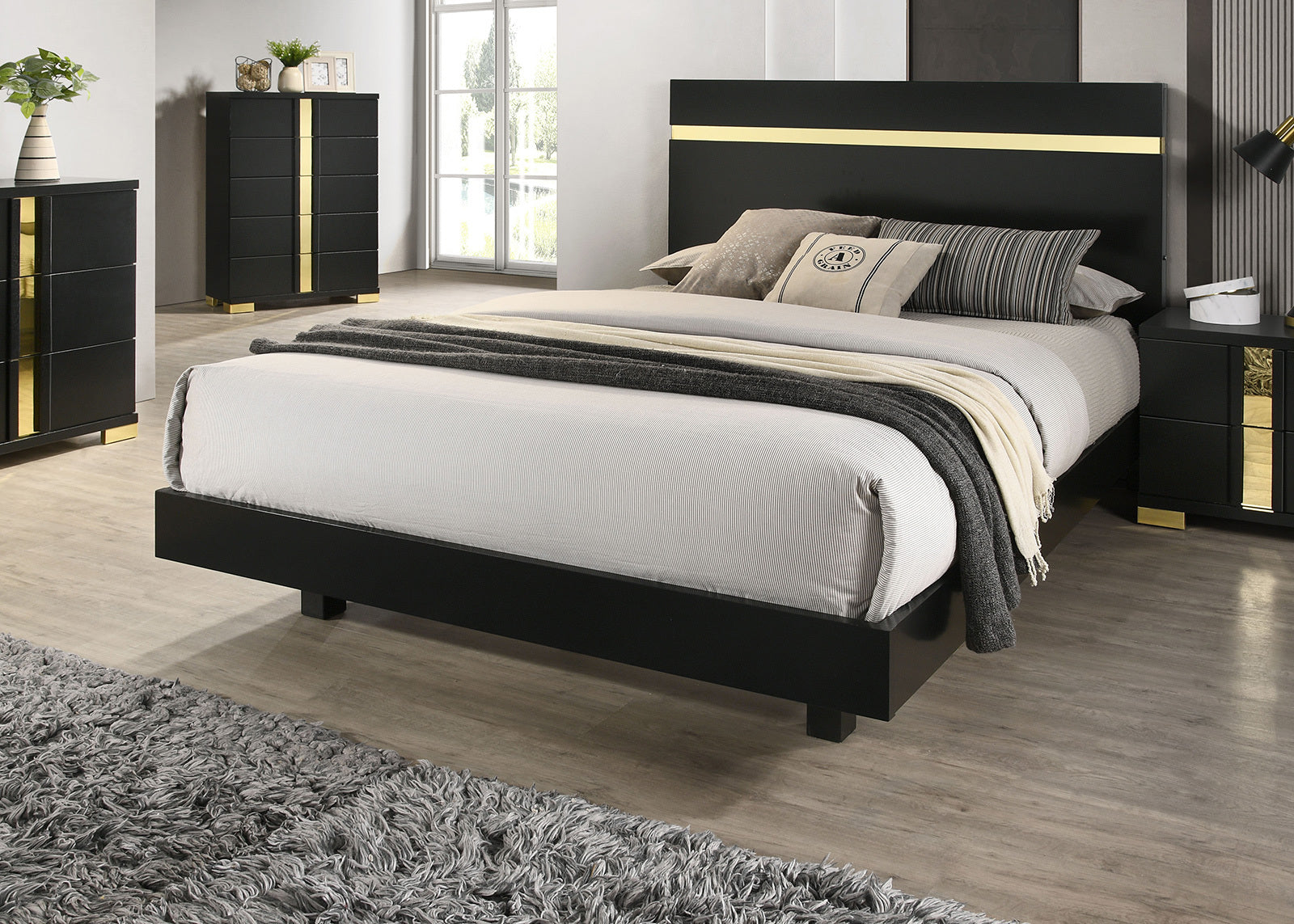 Modern Black 3pc Bedroom Set Queen Size Bed w LED 2x Nightstands Mattress Ready Furniture Acrylic Trim