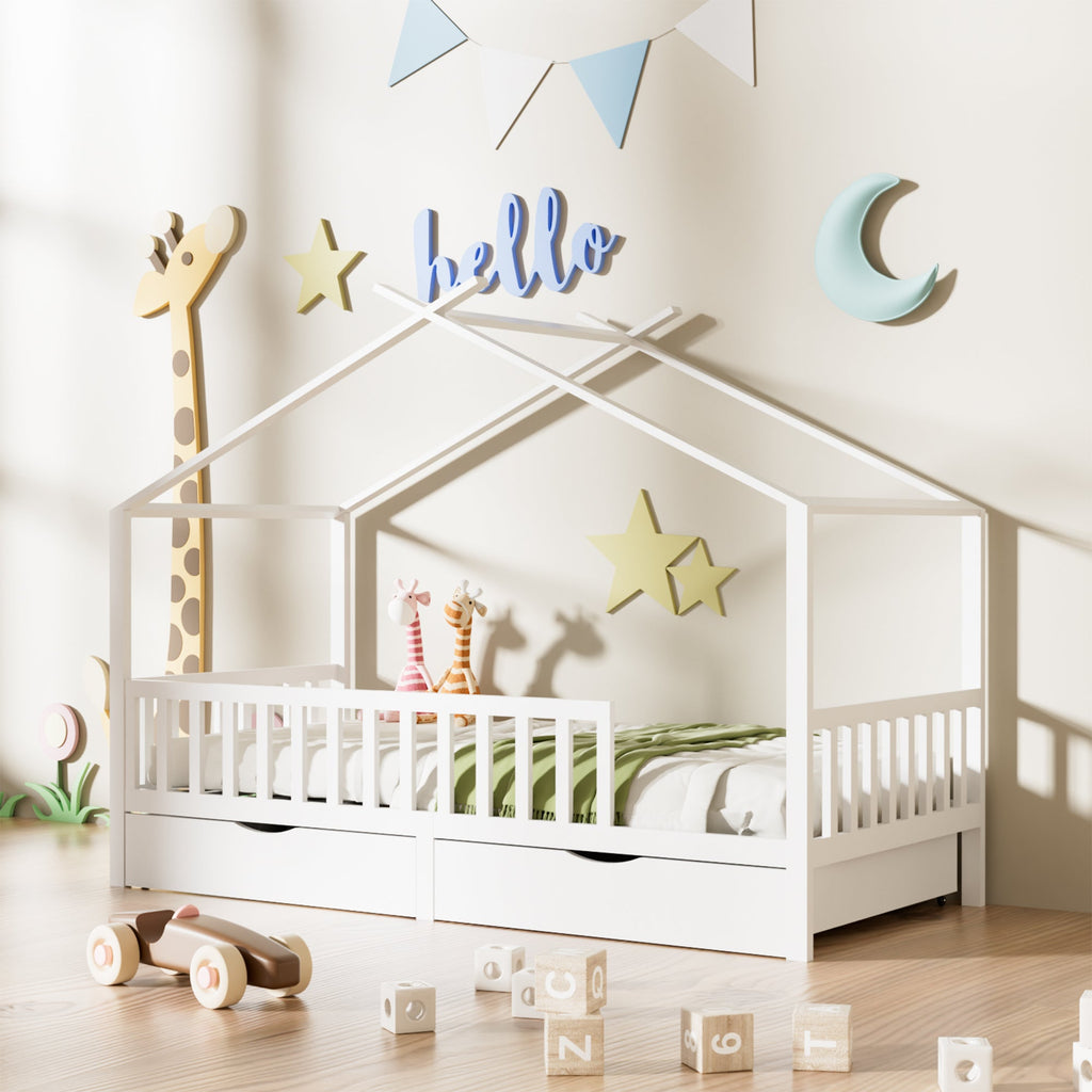 Full House Bed with 2 Storage Drawers, Kids Full Bed Frame with Rails and Roof, Tent Bed, Wooden Full Daybed, Full Montessori Bed for Kids Teens Girls & Boys, No Box Spring Needed (White)