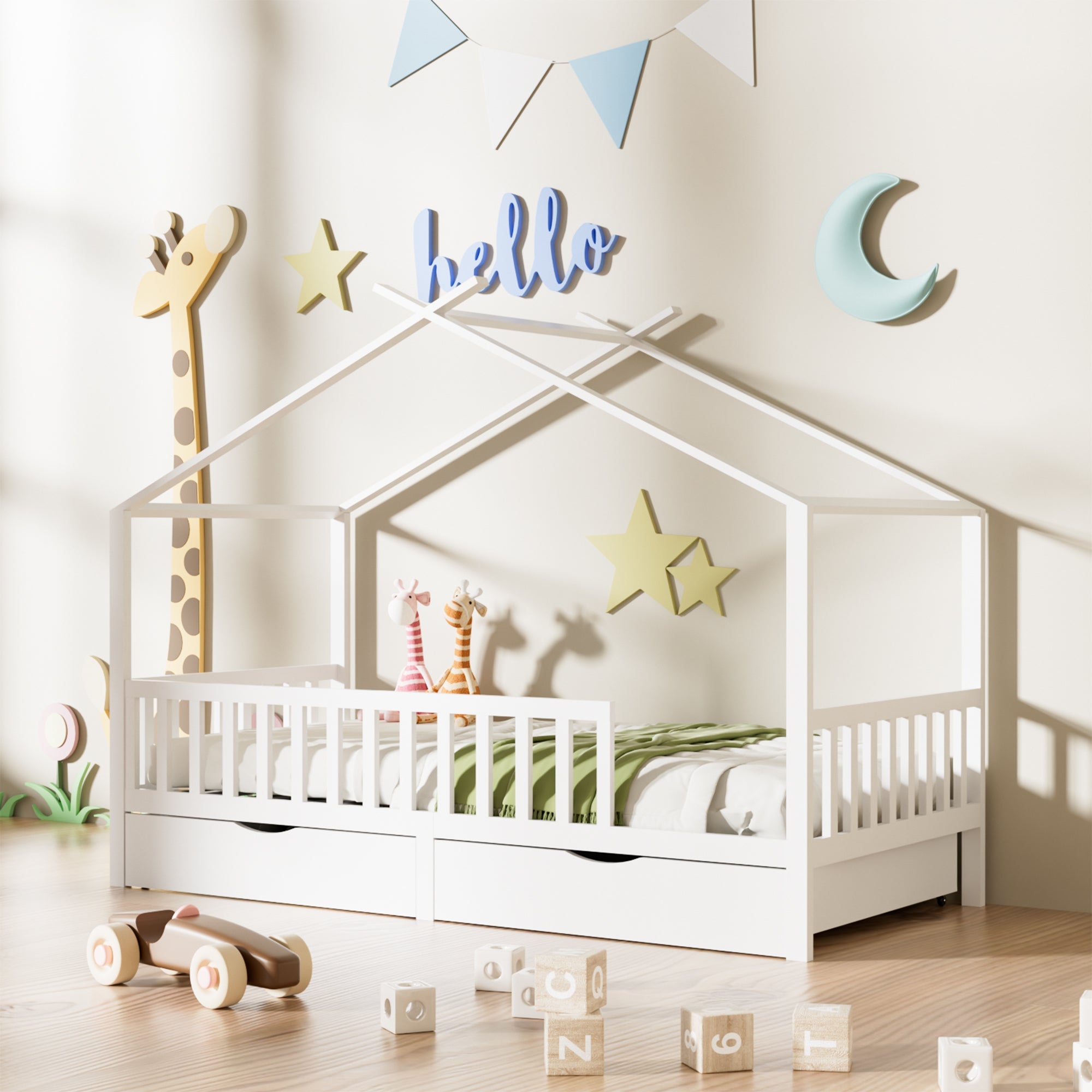 Full House Bed with 2 Storage Drawers, Kids Full Bed Frame with Rails and Roof, Tent Bed, Wooden Full Daybed, Full Montessori Bed for Kids Teens Girls & Boys, No Box Spring Needed (White)
