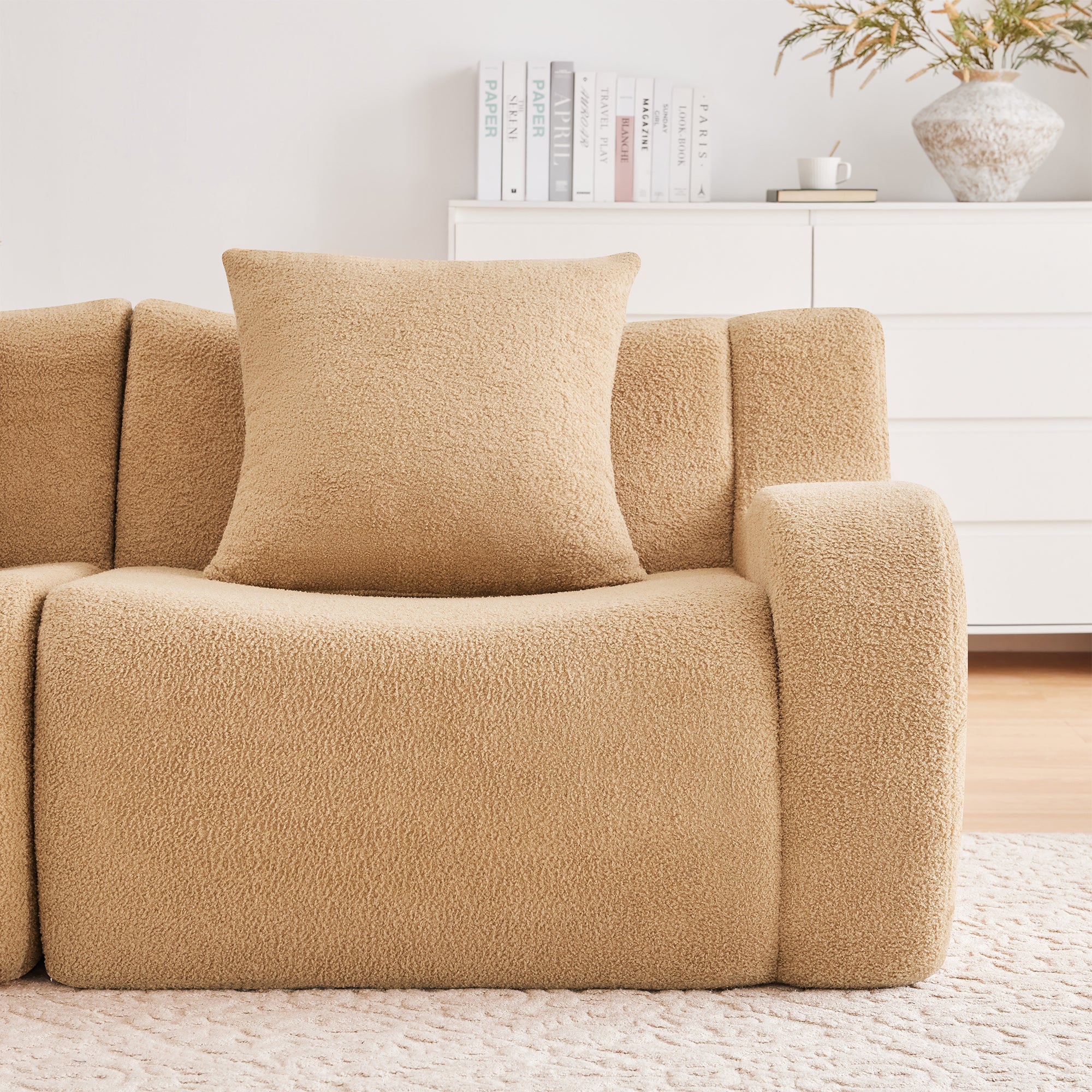 U-Shaped Boneless Sofa,Teddy Fabric No assembly required   Curved armrest,Anti-slip Design,Streamlined Design 32D High Density Sponge,Full Compression Vacuum Packag,For Studies living Rooms,Camel