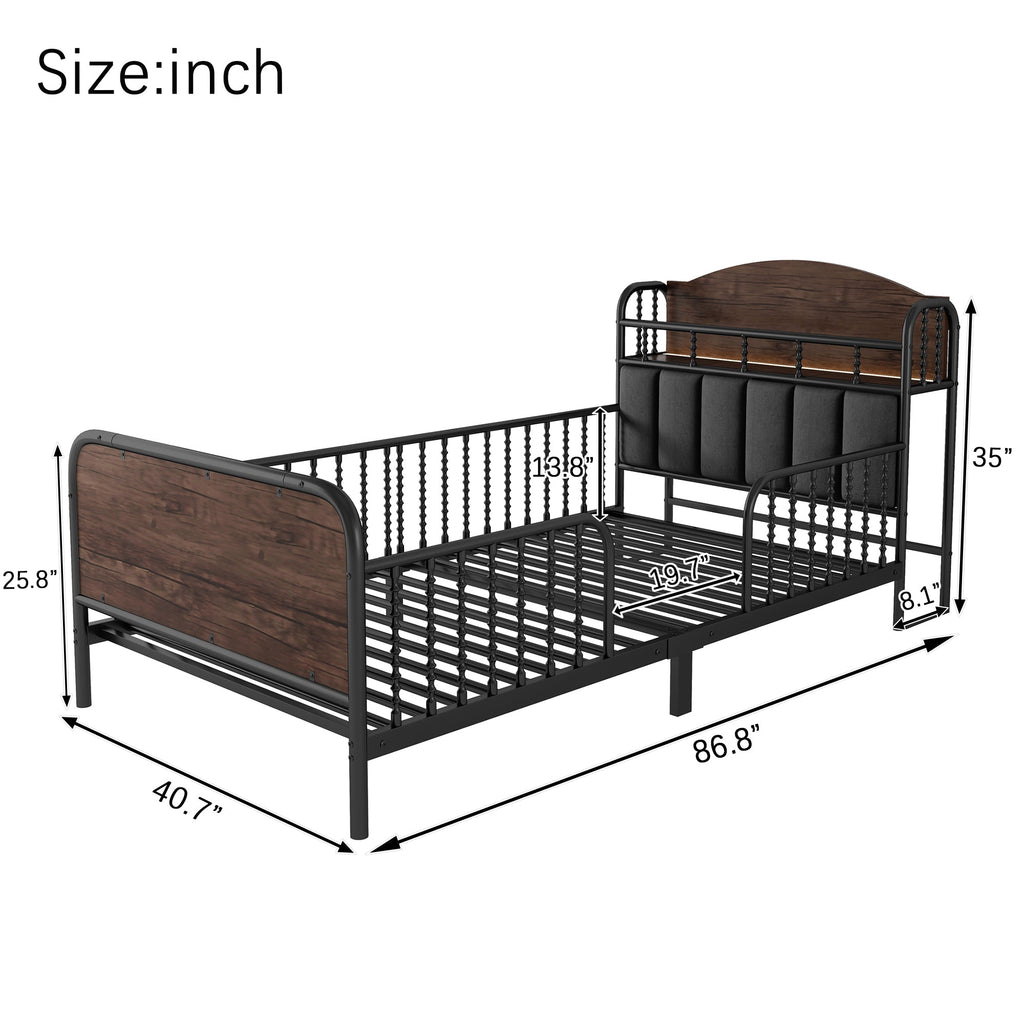 Twin Size Metal Platform Bed Frame with Light, Kids Twin Metal Bed with Upholstered and Storage Headboard, Black (Expect Arrival Date 2025/10/5)