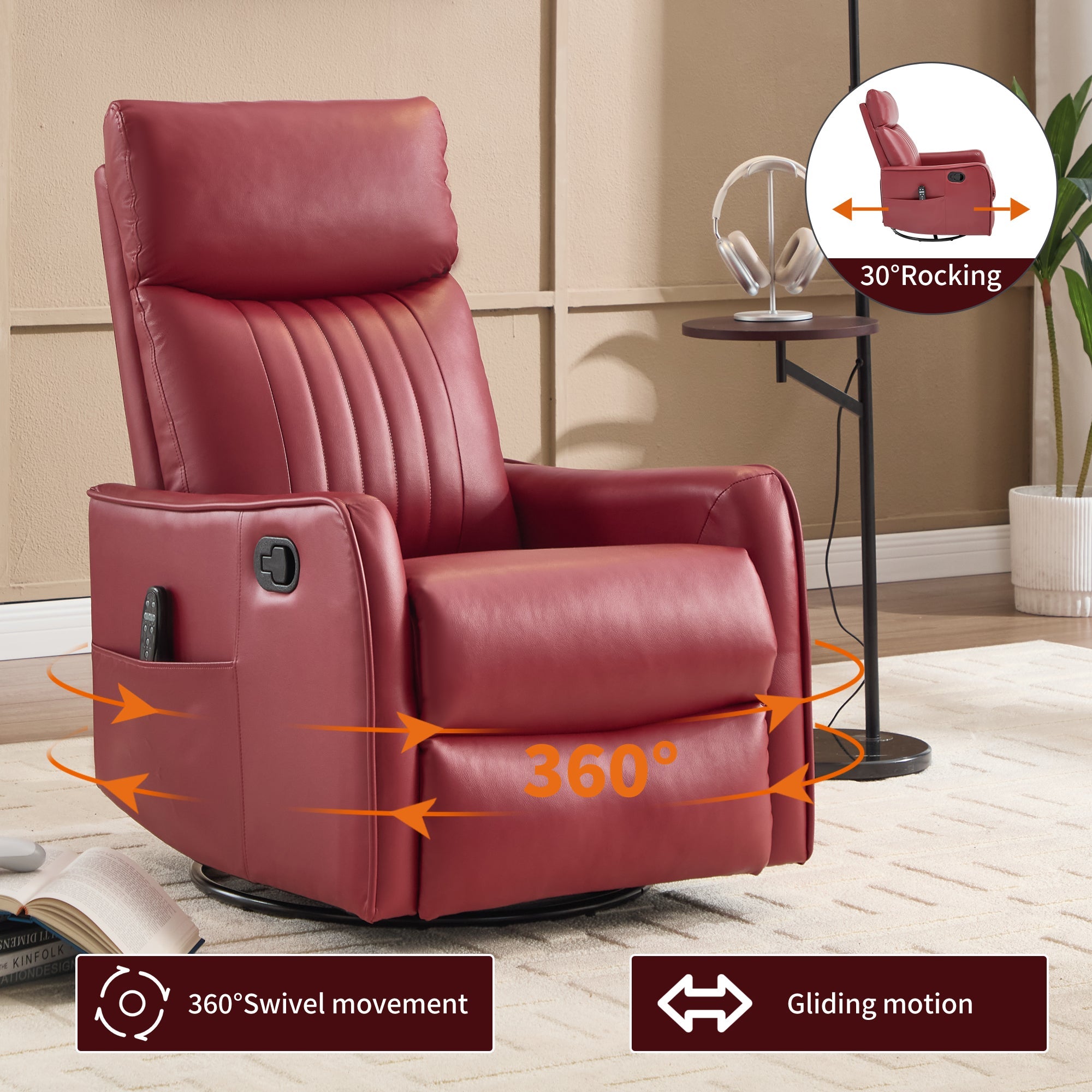 Red Faux Leather Heat Massage Manual Recliner Chair with Rocker and Swivel for Living Room