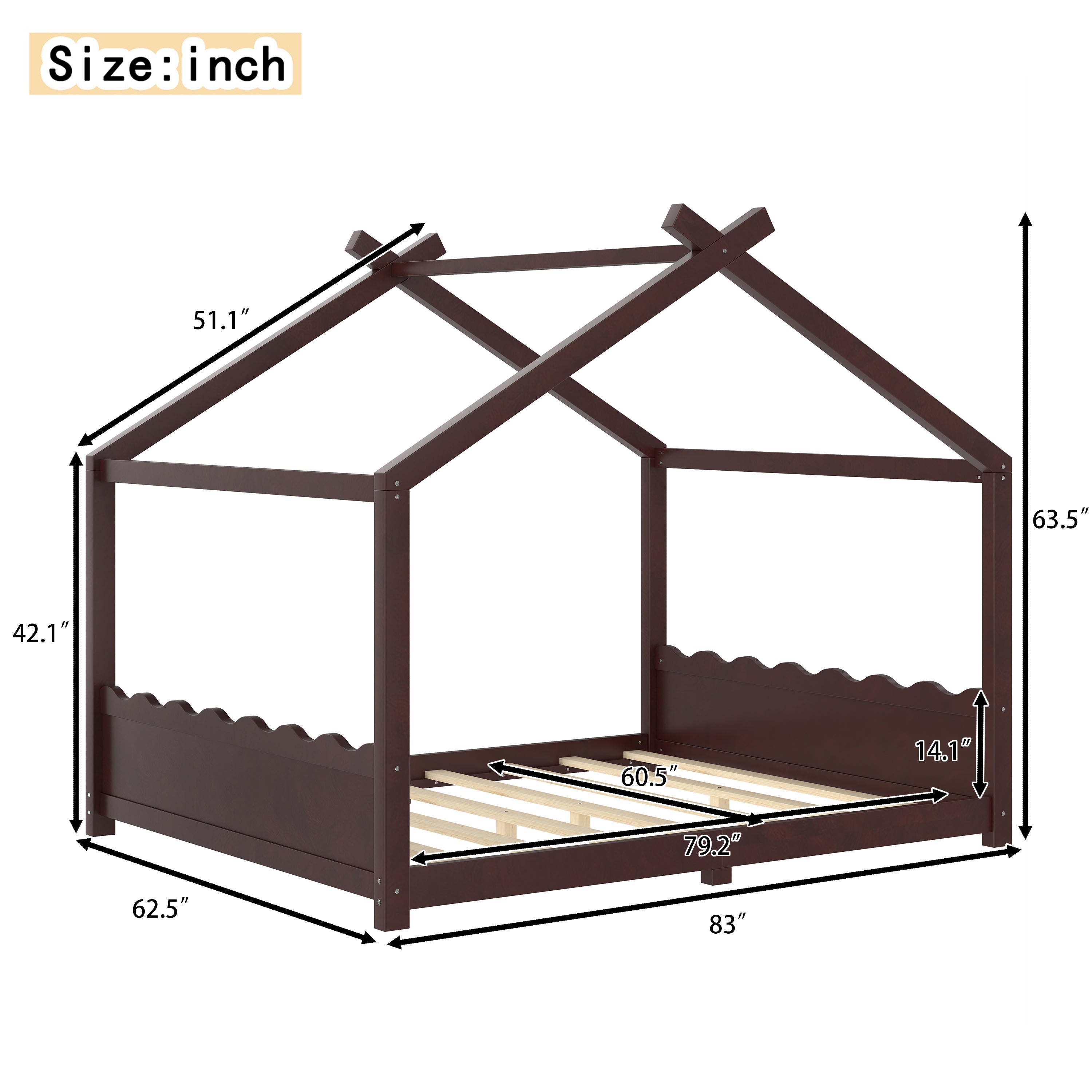 Queen House Floor Bed with Support Slats, Solid Wood House Bed Frame for Kids, No Box Spring Needed and Opening Constructure, Espresso
