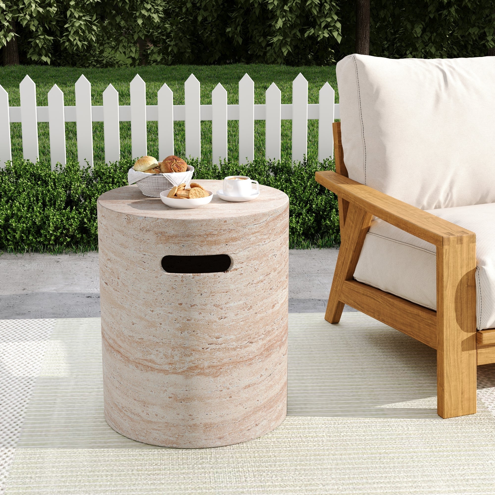 Modern Concrete Side Table with Travertine Finish, Indoor/Outdoor Use, Beige, 15.5 x 15.5 x 18.5 inches
