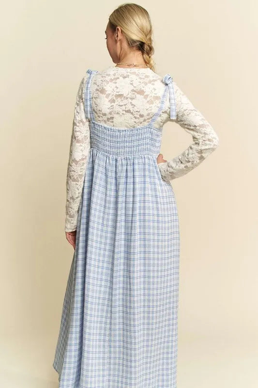 Davi & Dani Plaid Smocking Sleeveless Maxi Dress