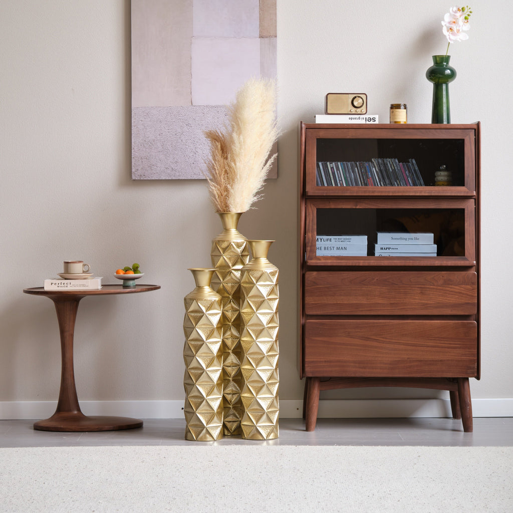 Metal Decorative Vase High Distress Metal Center Vase With 3D Triangle Pattern, Set Of 3 Vases for Home Decoration 33.5', 29.5', 25.2'High, Gold