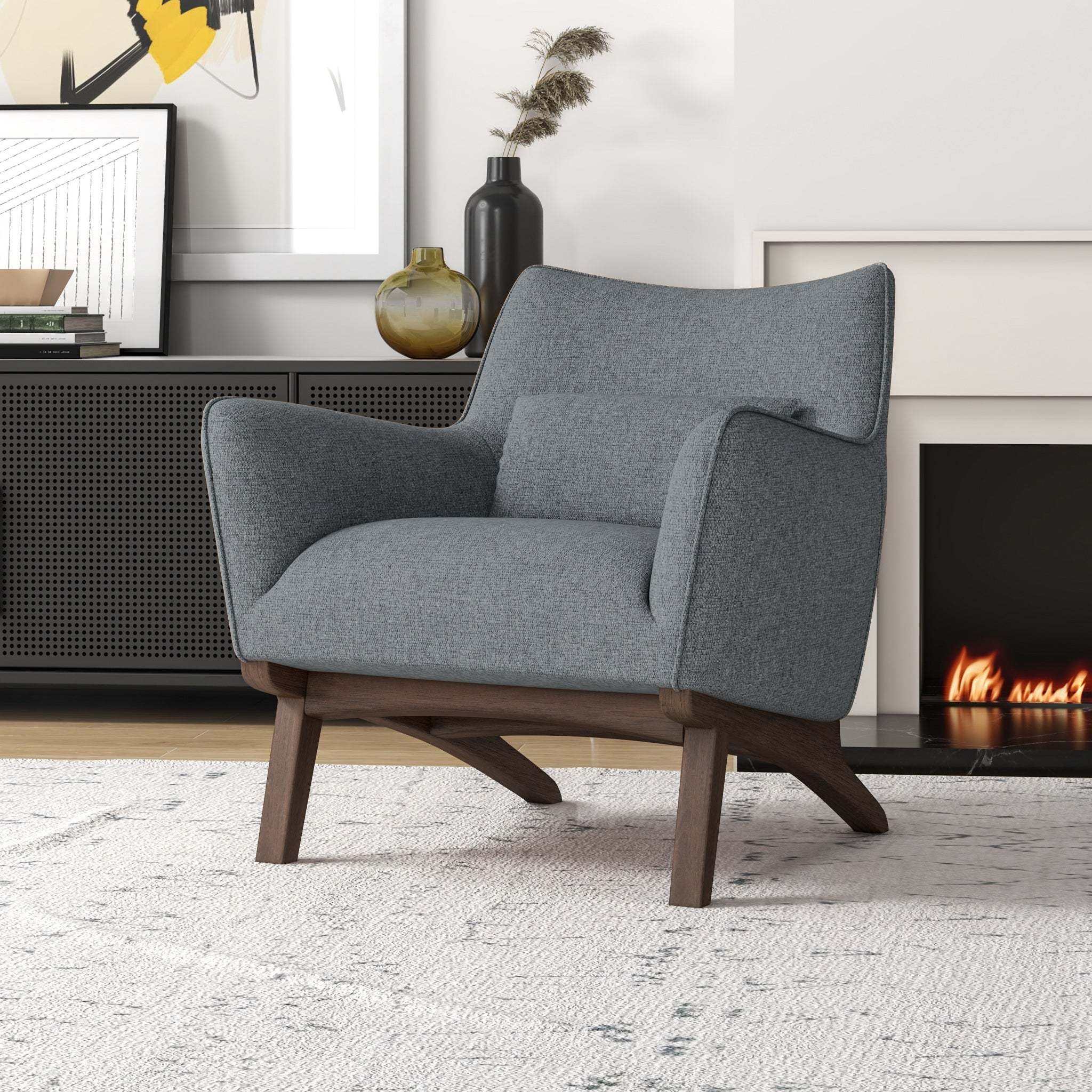 New Design Brayden Mid Century Modern Grey Linen Armchair with Solid Wood Frame and Padded Seat for Home Office 32.5'H x 30'W x 30'D