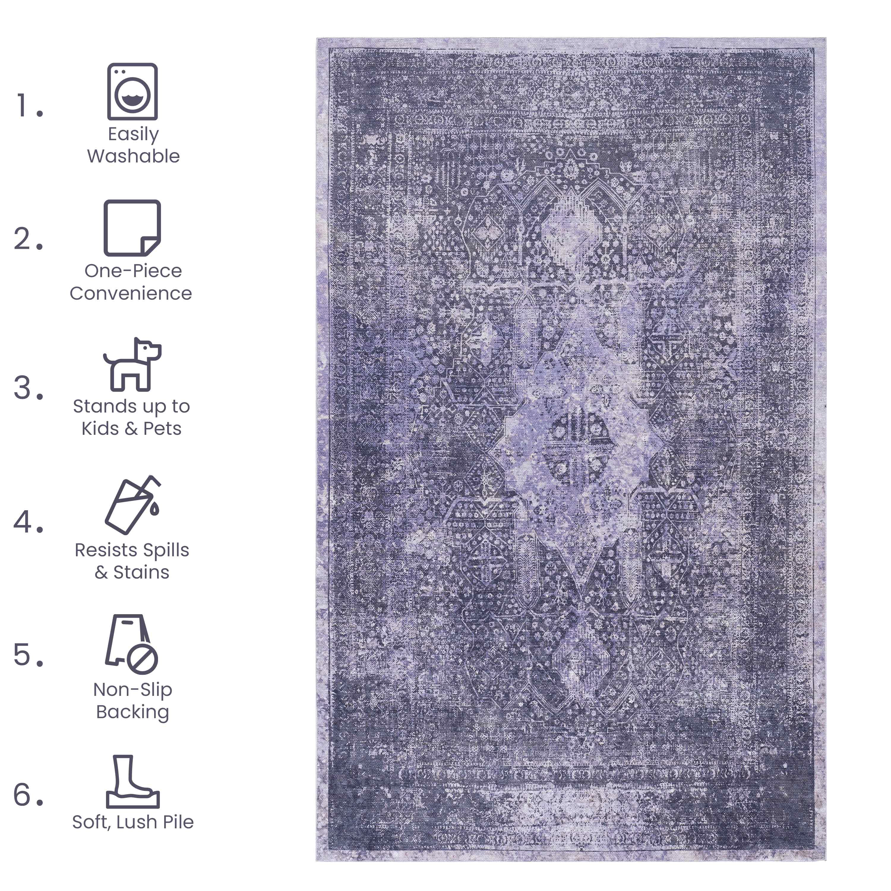 Area Rug 3x5, Washable Rug, Low-Pile, Non-Slip, Non-Shedding, Foldable, Kid & Pet Friendly - Area Rugs for living room, bedroom, kitchen, dining room rug - Perfect Gifts, (Anthracite, 3' x 5')