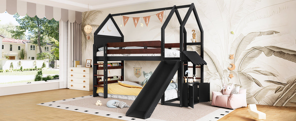 Twin Size Loft Bed with Bookshelf Playful Design for Kids House-Shaped Structure with Slide High-Quality Safety Rails,Beige/Natural /Black