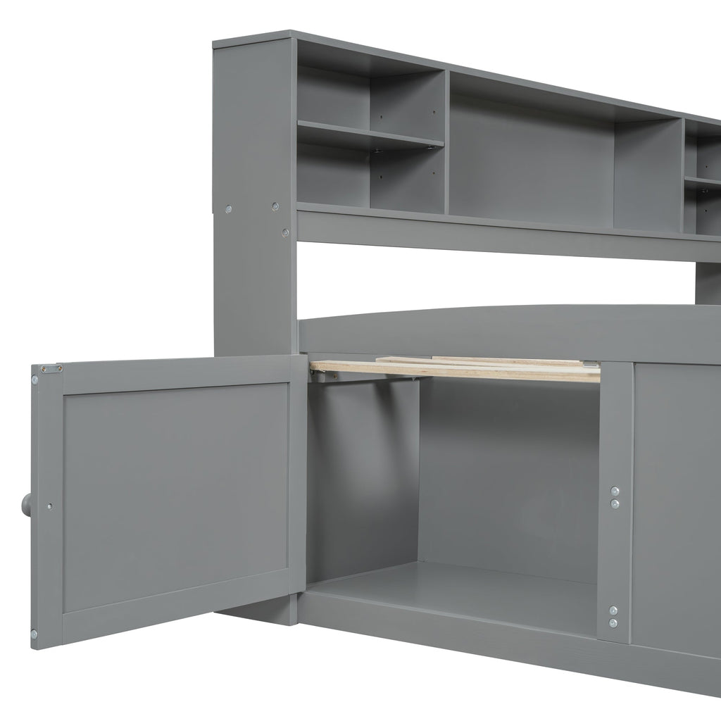 Full Size Wood Daybed with 2 Bedside Cabinets, Upper Shelves and 4 Drawers, Gray