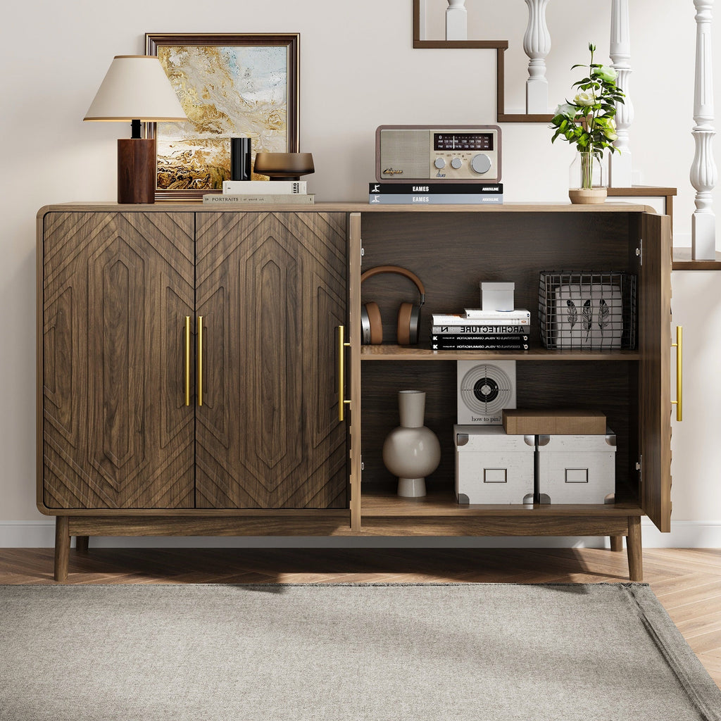 Modern Carved 4-Door Sideboard Buffet Cabinet with Storage, Adjustable Layer Board, Walnut Finish