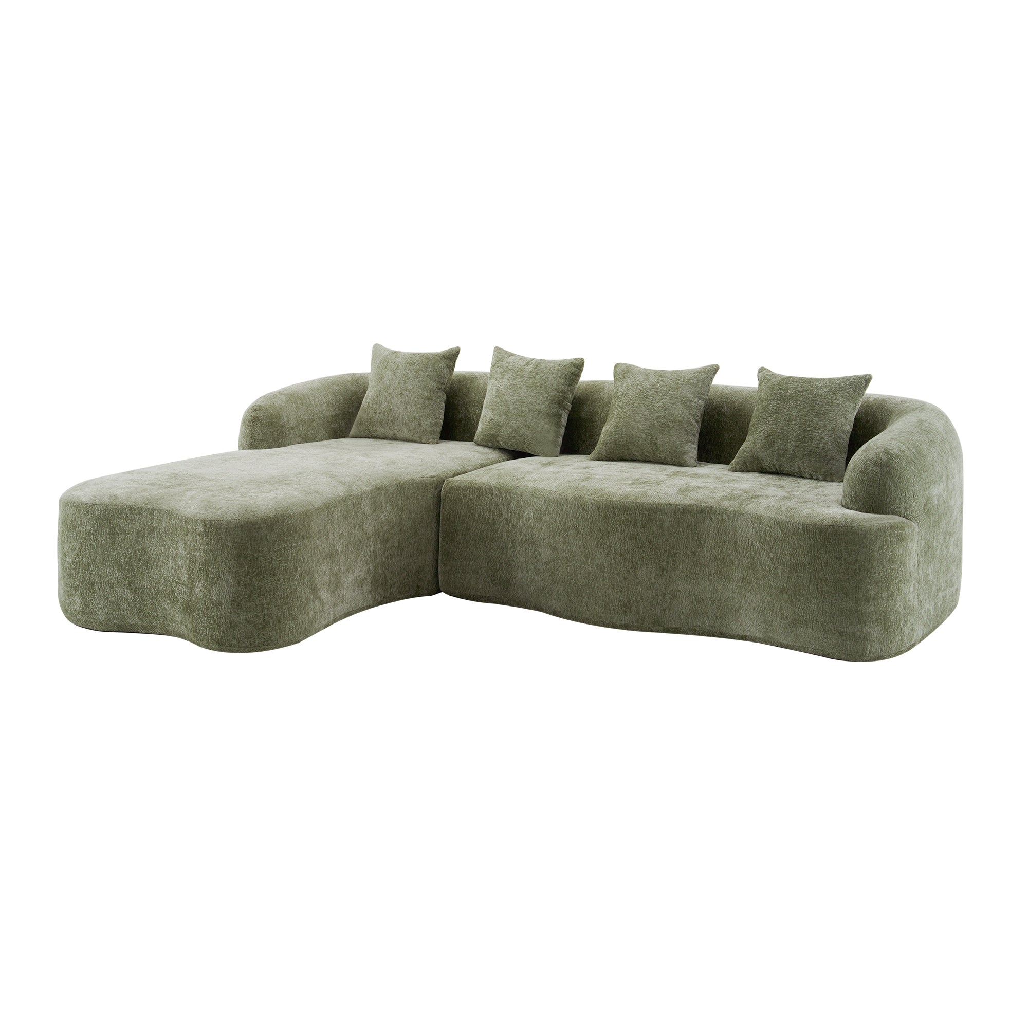 Full Compression L-Shape Sectional Sofa with Curved Chaise, Green Modular Chenille Couch, High-Density for Apartment Living Room