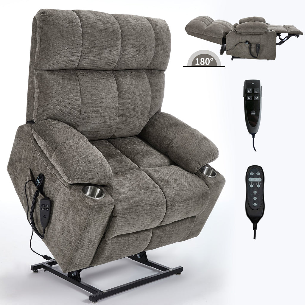 Brown Dual Motor Infinite Position Up to 350 LBS Chenille Power Lift Recliner Chair, Heavy Duty Motion Mechanism with 8-Point Vibration Massage and Lumbar Heating, Dual Cup Holders