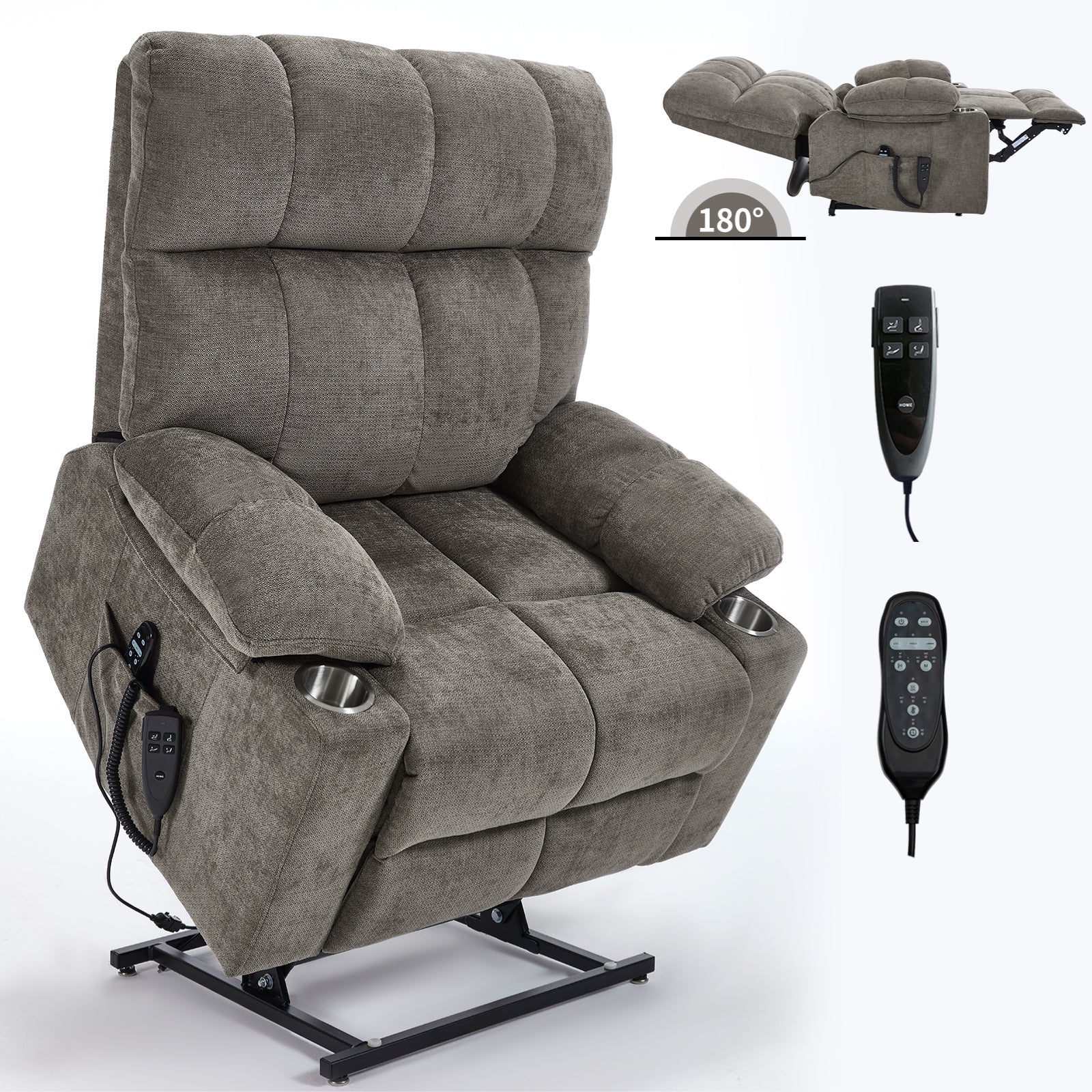 Brown Dual Motor Infinite Position Up to 350 LBS Chenille Power Lift Recliner Chair, Heavy Duty Motion Mechanism with 8-Point Vibration Massage and Lumbar Heating, Dual Cup Holders