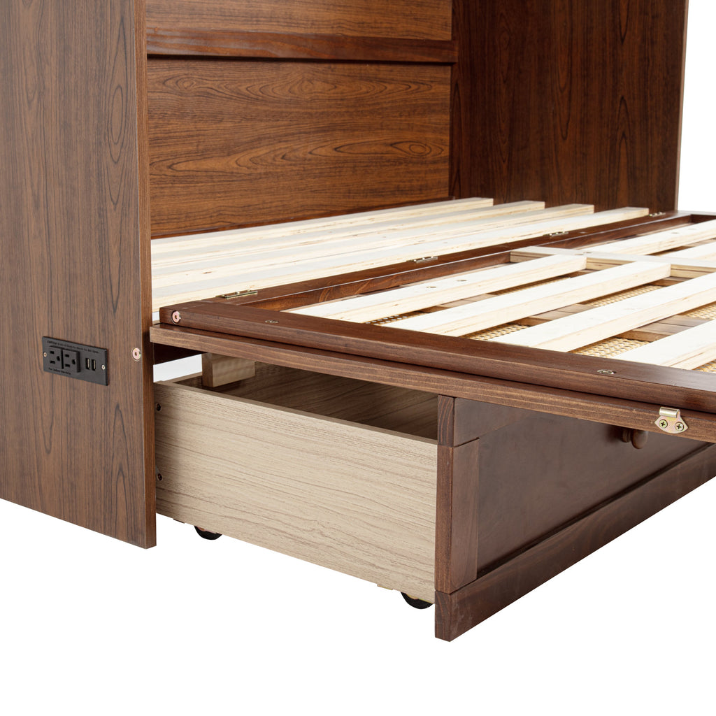 Queen Size Murphy Bed, Pine Wood Cabinet Bed with Power Station and Rattan Decoration Panel,Walnut