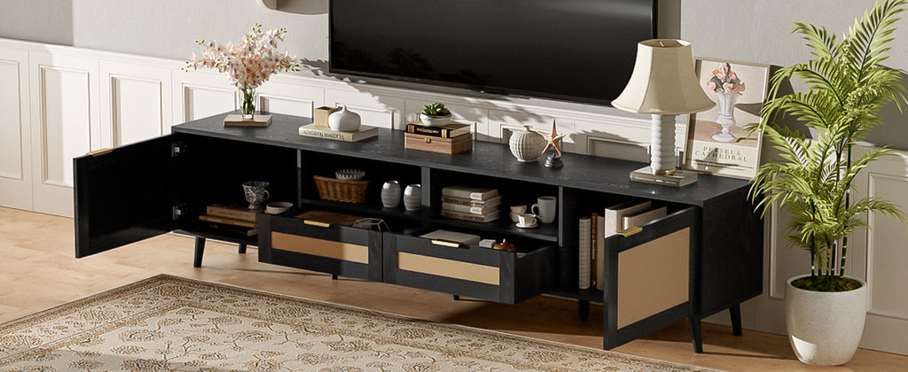 Rattan TV Stand for TVs up to 85'', Modern Farmhouse Media Console, Entertainment Center with Solid Wood Legs, TV Cabinet for Living Room,Home Theatre