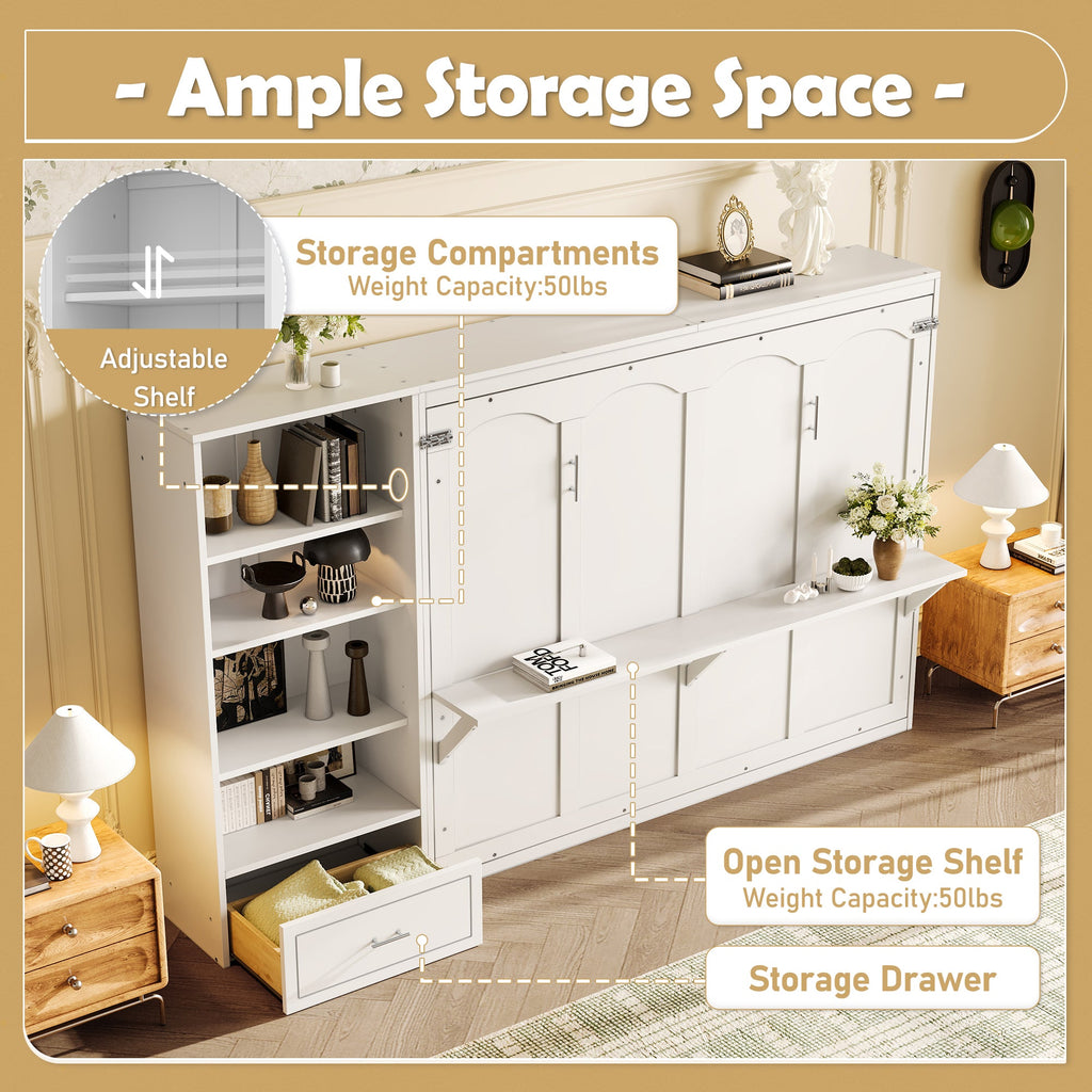 Queen Size Murphy Bed with Height Adjustable Storage Compartments and Shelf, Wall Bed Frame With 1 Drawer, Multifunctional Foldable Platform Bed for Small Space,Bedroom,Guest Room, White