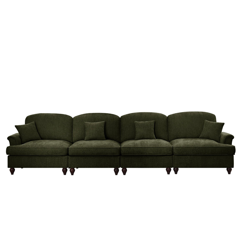 Elegant Mid Century Large 4 Seater Sofa Couch with Flared Arms and Removable Ruffles Pleats Skirts and Spindle Legs, Comfy Chenille Four-Seat Sofa for Living Room, Green