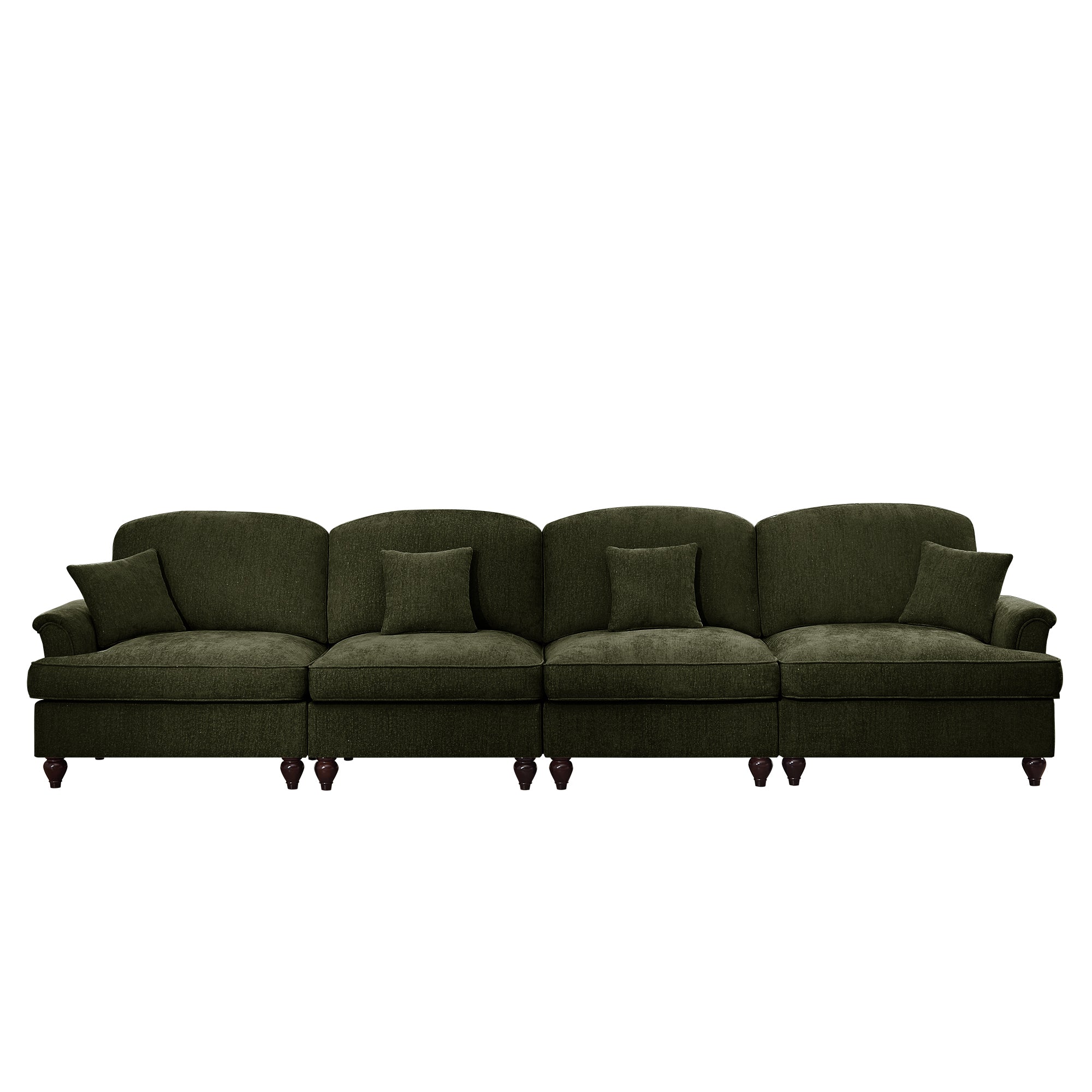 Elegant Mid Century Large 4 Seater Sofa Couch with Flared Arms and Removable Ruffles Pleats Skirts and Spindle Legs, Comfy Chenille Four-Seat Sofa for Living Room, Green