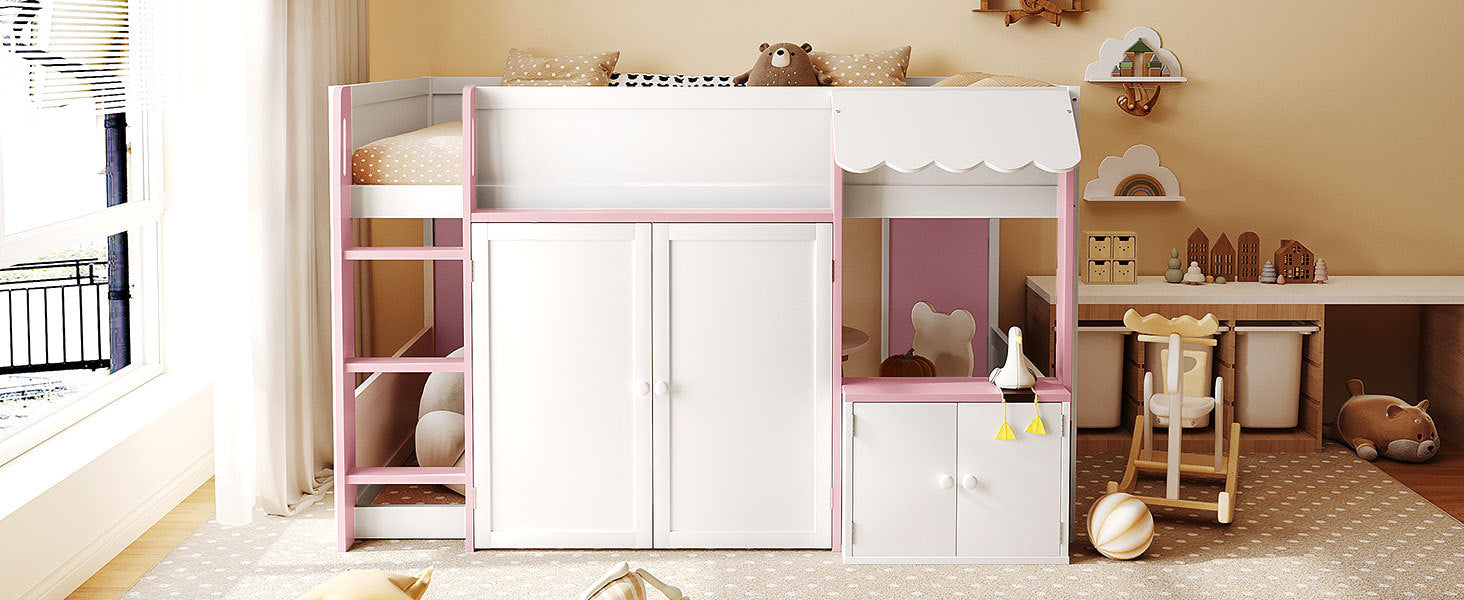 Full Loft House Bed with Playhouse & Storage, Modern Wood Cabin Bed for Kids/Teens, White+Pink