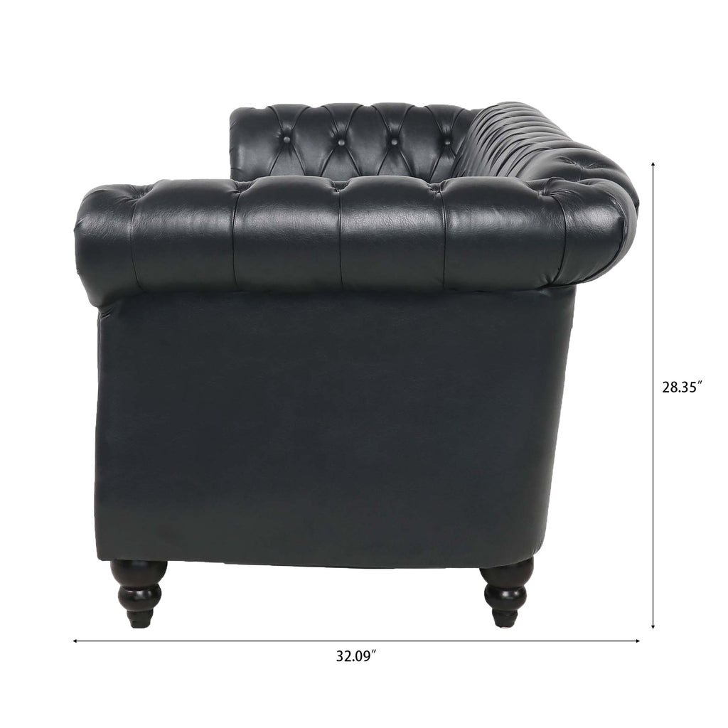84.65" BLACK PU Rolled Arm Chesterfield Three Seater Sofa