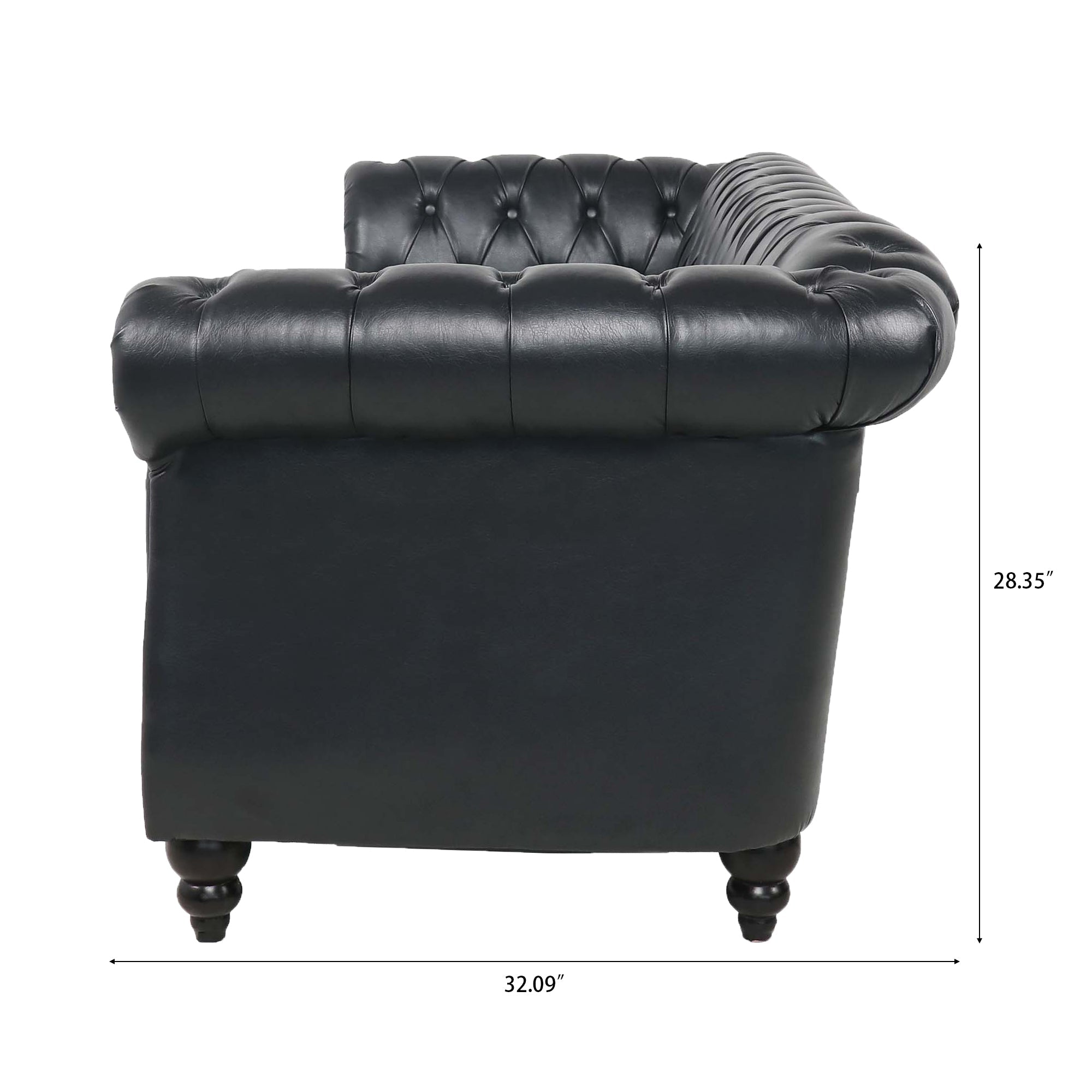 84.65" BLACK PU Rolled Arm Chesterfield Three Seater Sofa